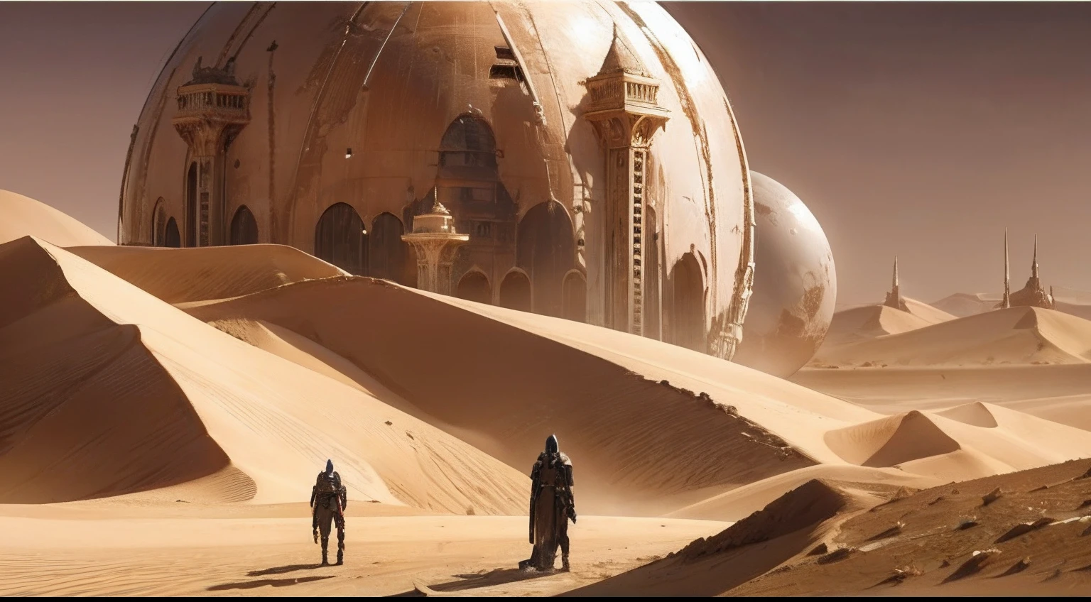 Naked alien vampires on desert dune planet with gigantic fortress and massive ancient alien structures thousands of ft wide and