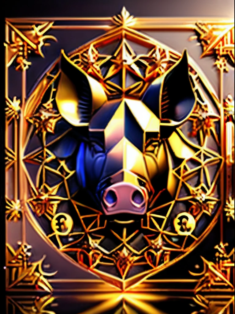 （Zodiac sign big pig's head） ، simple, Best quality, Beautiful,Fractal art，Holy light,gold foil,Gold leaf art，Self-luminescence，Represented in the picture