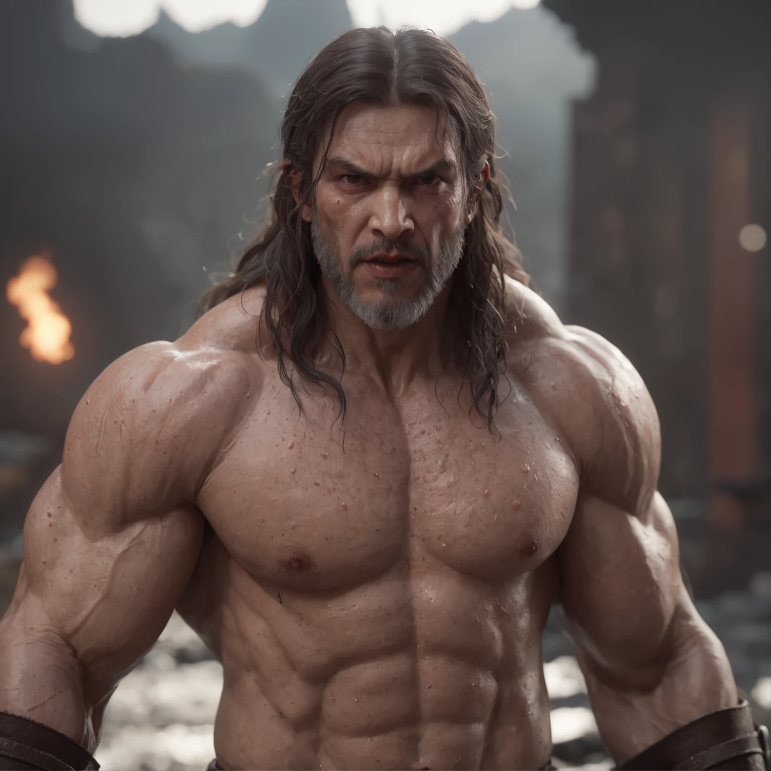 (professional 3d render:1.3) af (Realistic:1.3) most beautiful artwork photo in the world，Features soft and shiny male heroes, ((Epic hero fantasy muscle man rough wet hero angry looking long hair short beard and ferocious expression in dynamic pose, Fantastic location, Majestic cluttered environment)), Full body 8K unified rendering, action  shot, skin pore, very dark lighting, heavyshading, Detailed, Detailed face, (vibrant, photograph realistic, Realistic, Dramatic, Dark, Sharp focus, 8K), (Old leather garments damaged by weathering:1.4), ((((Wear fur)))), (Intricate:1.4), decadent, (Highly detailed:1.4), Digital painting, rendering by octane, art  stations, concept-art, smooth, Sharp focus, illustration, Art germ, (loish:0.23), wlop ilya kuvshinov, and greg rutkowski and alphonse mucha gracias, (Global illumination, Studio light, volumettic light), heavy rain, particles floating, lotr, fantasy, elf, full bodyesbian, ((Dark and ancient city background:1.3)),CGSesociety,art  stations