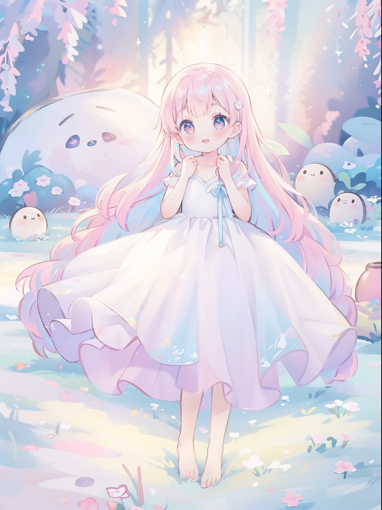 masterpiece, best quality, 8k resolution, sharp focus, intricate detail, beautiful girl, sparkling eyes, golden ratio face, otherworldly liquid, watercolor, ((pastel colors)), bright colors, whimsical, colorful, sharp focus, high resolution, fine detail, princess fantasy ballgown, ((round eyes)), iridescent bubbles, castle landscape in background
