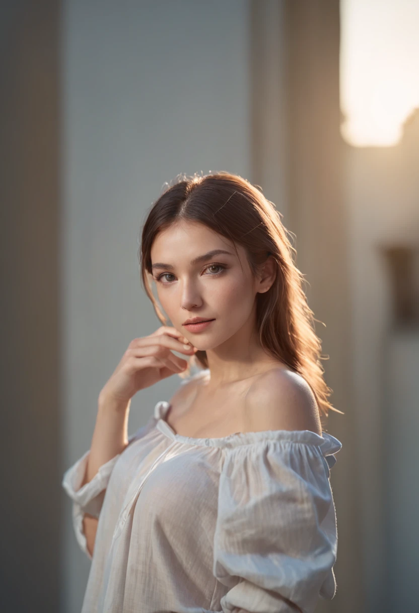 1 beautiful young woman, cleavage off shoulder oversized shirt, dramatic lighting, shadow, 8k, analog, bokeh, photorealistic, realistic, (Gabriel Dawe, Greg Girard)