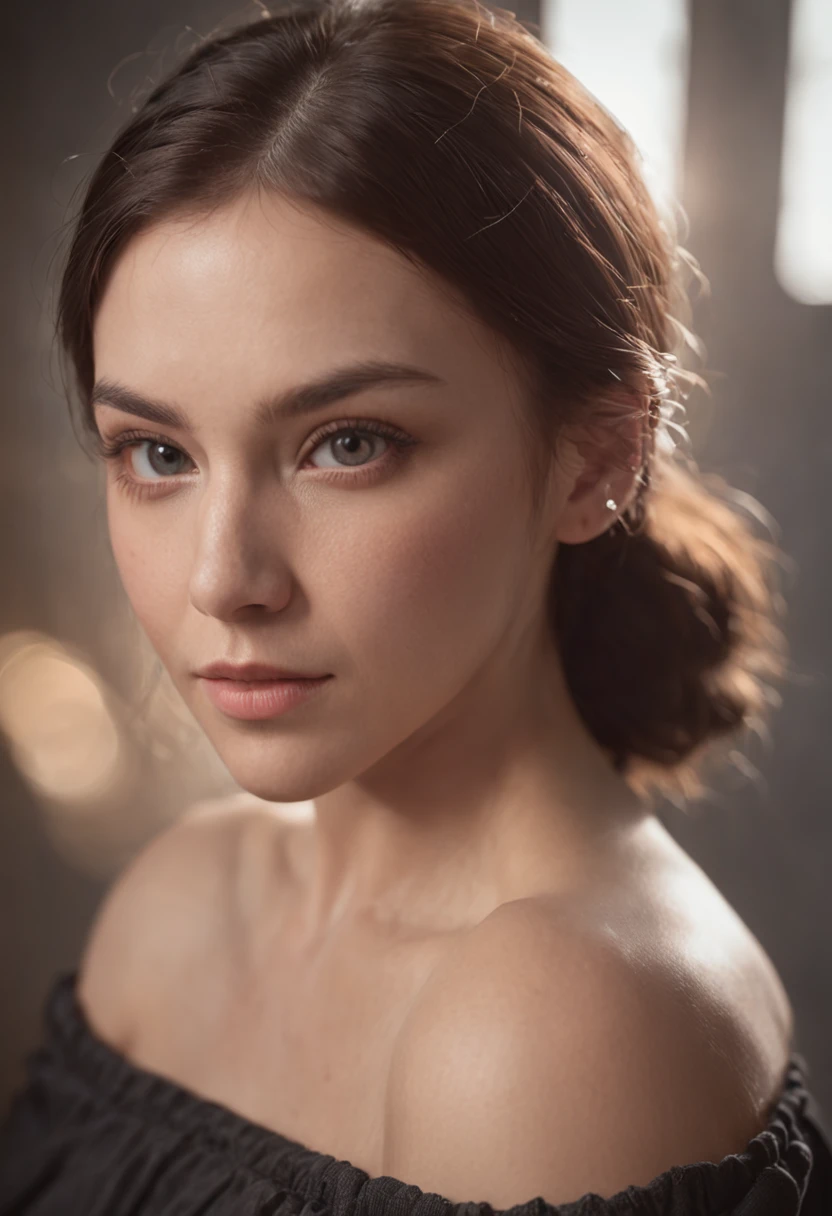 1 beautiful young woman, cleavage off shoulder oversized shirt, dramatic lighting, shadow, 8k, analog, bokeh, photorealistic, realistic, (Gabriel Dawe, Greg Girard)