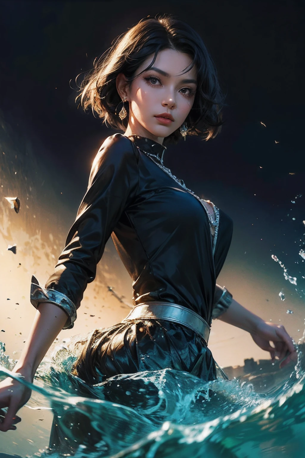 Close-up of a woman with black hair, Belle peinture de personnage, haughty, Black hair, hair adornments, Raised eyebrows, Raised eyebrows, Wide eyes, Earrings, Skirt made of water,Depth of field, tachi-e, first person perspective, Wide-angle, High quality, A high resolution