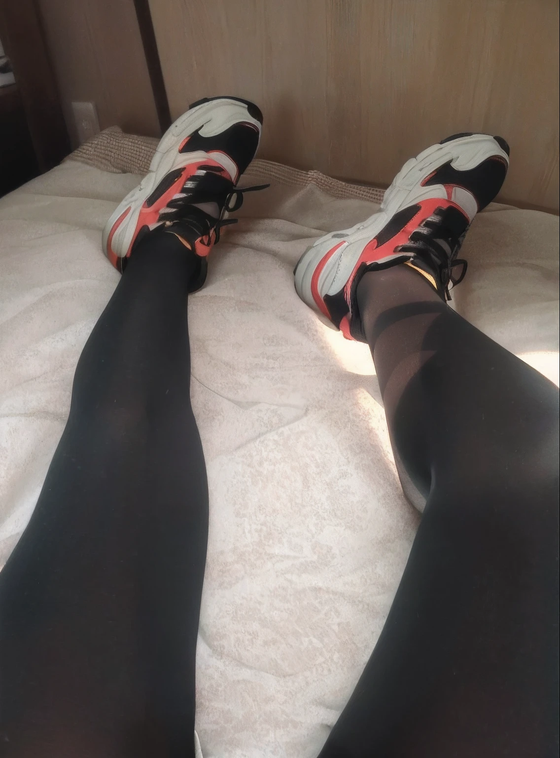 Someone was wearing black tights and black shoes on the bed, sneaker photo, legs visible, human back legs and sneakers, Tights, Tights, very cozy], close-up on legs, legs intertwined, wearing kneesocks, detailed legs looming over you, Sneakers, feet posing, Strong legs, Knees, Human legs, whole shoe is in picture, Legs and arms