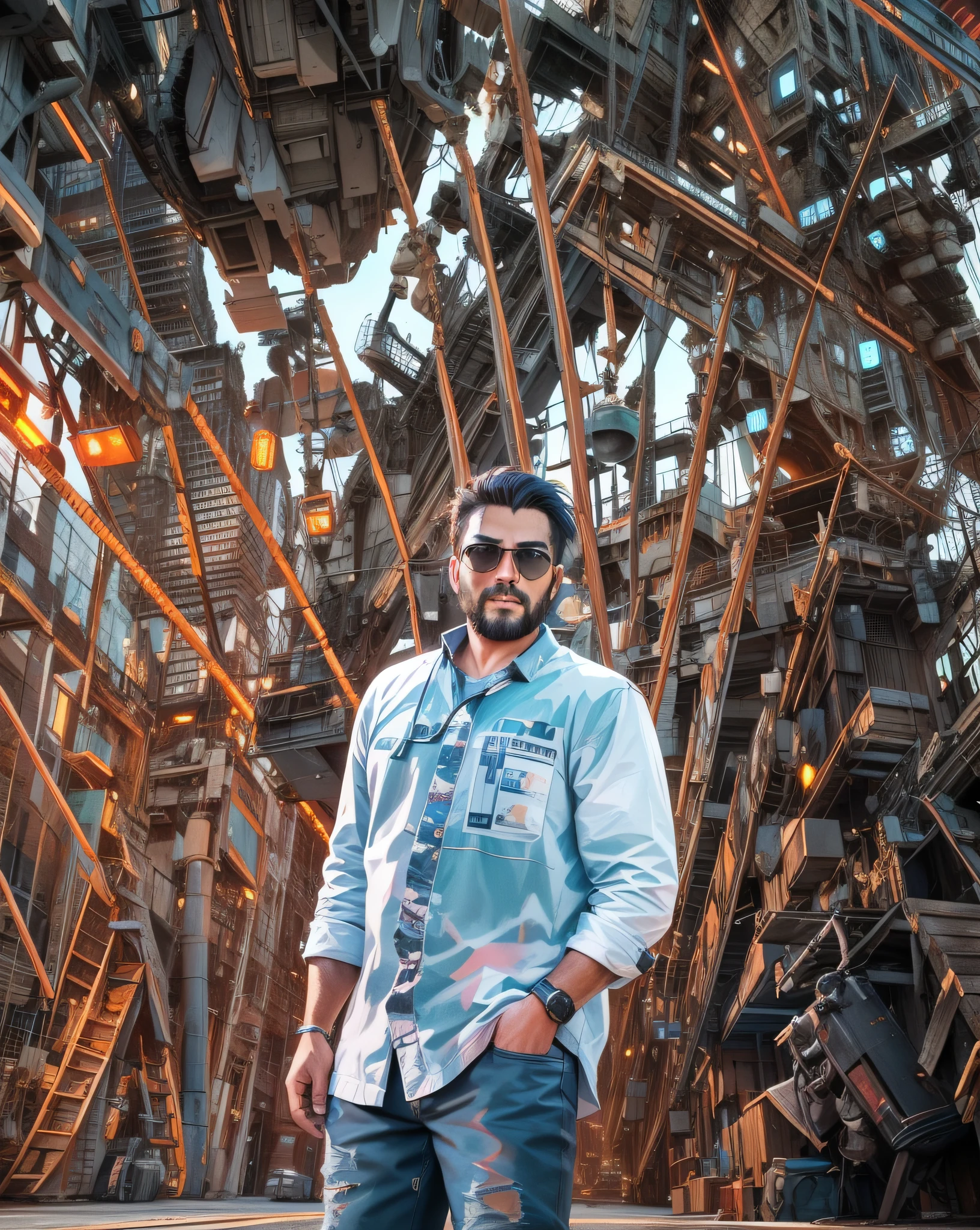 Real face tone, realistic cyberpunk look handsome man, 8k resolution UHD , in the old rusty ship , real face tone, with a futuristic plane on the sky.