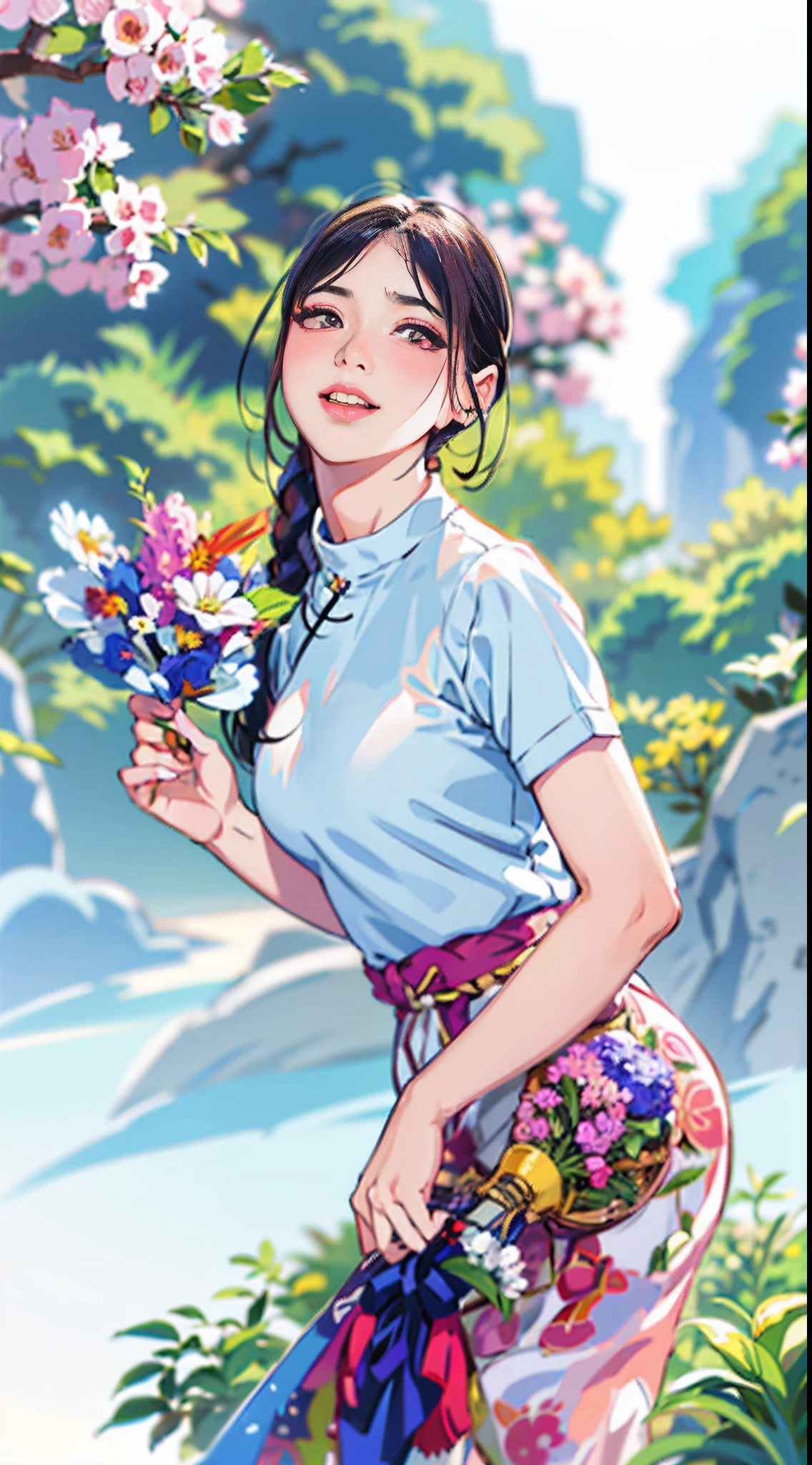 arafed woman in a skirt holding a bunch of flowers, with flowers, anime thai girl, traditional art, vietnamese woman, in style of lam manh, korean girl, beautiful south korean woman, young asian girl, dang my linh, a young asian woman, beautiful young korean woman, young and cute girl, asian girl, korean woman