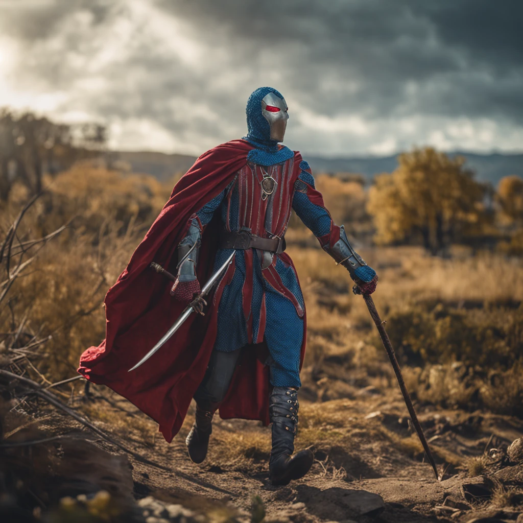 Marvel at the magical spider – the man who served as a medieval-themed knight, Conjunto completo de armaduras brilhantes vermelhas e azuis, detalhes intrincados, Depicted in action poses, holds a spear, Cidade medieval ao fundo, fotorrealista, dramatic lighting, beautiful color grading, 8K resolution, Shot with Canon EOS C70 RF24–105mm lens