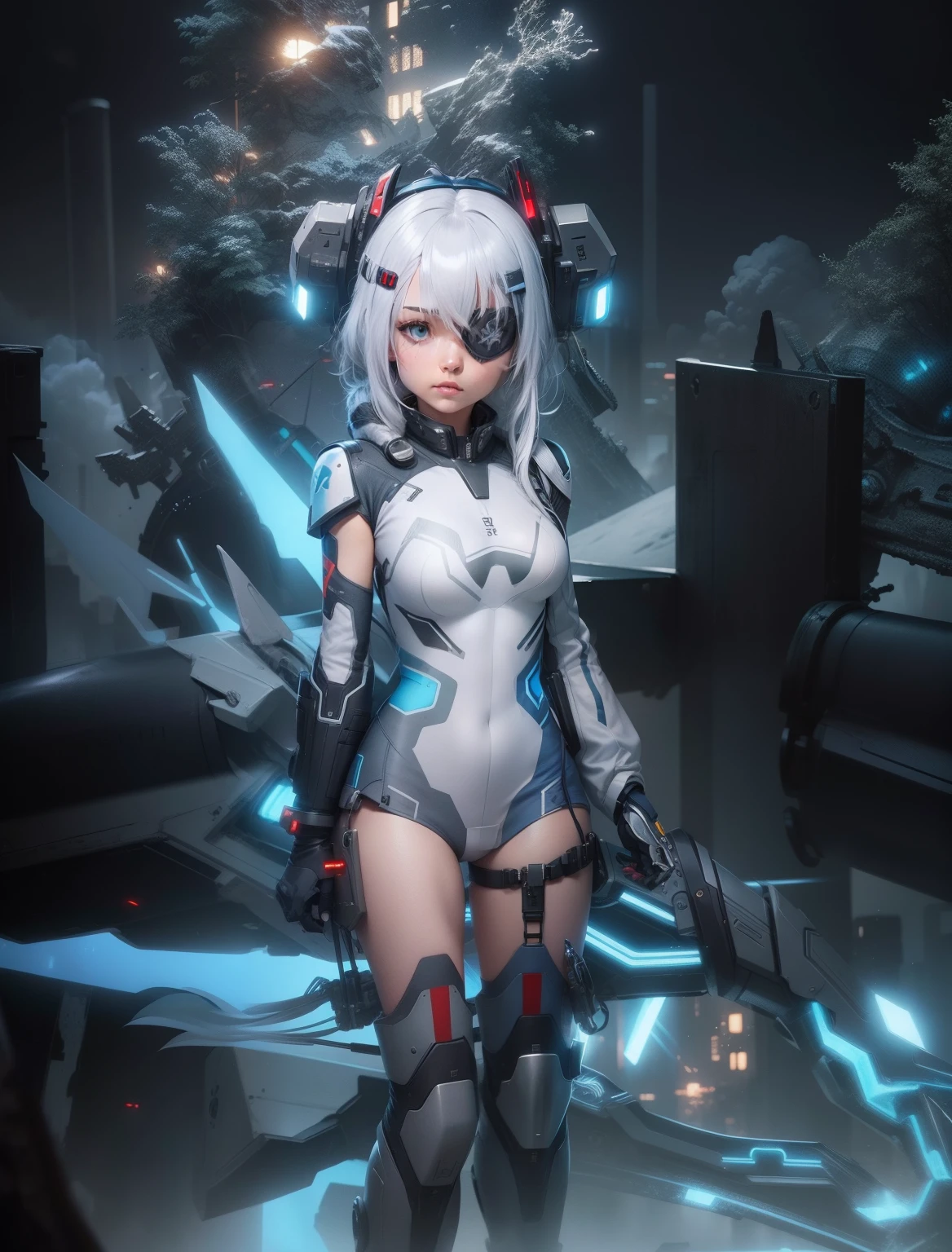 Photographed with anamorphic lenses、The Art of Digital Cyberpunk,near future、 Girl in Mecha Cyber Black Armor, cyberpunk beautiful girl,((Matte skin))、The wind is blowing、Well-formed face、Girl Naked、barechested、((Nothing is worn))、fullnude、Naked 、fullnude、8Head and body、a small face、A slender、Very skinny、skinny、tiny chest,Ribs、discreet breasts、Smaller chest、small tits、beauty legs、Constricted waist、dented belly、Model body type、Beautiful black hair with luster、Backgrounds that look like real photos、(((NSFW)))、outside of house、(Thigh strap for only one leg)、Happy face、((The view is amazing.))、Show to a very large audience、A smile、Near Future Cosplay、NSFW、Gantz,GANTZ Suit、X-gun、knifes、In flight、Sky Fight、head gear、tutelary、Guardian Mecha、Cyber Robot、Giant Weapons、hold a gun、(((Silver Plasma)))、natta、Commonly used powered suits full of scratches、Buddy is a type android