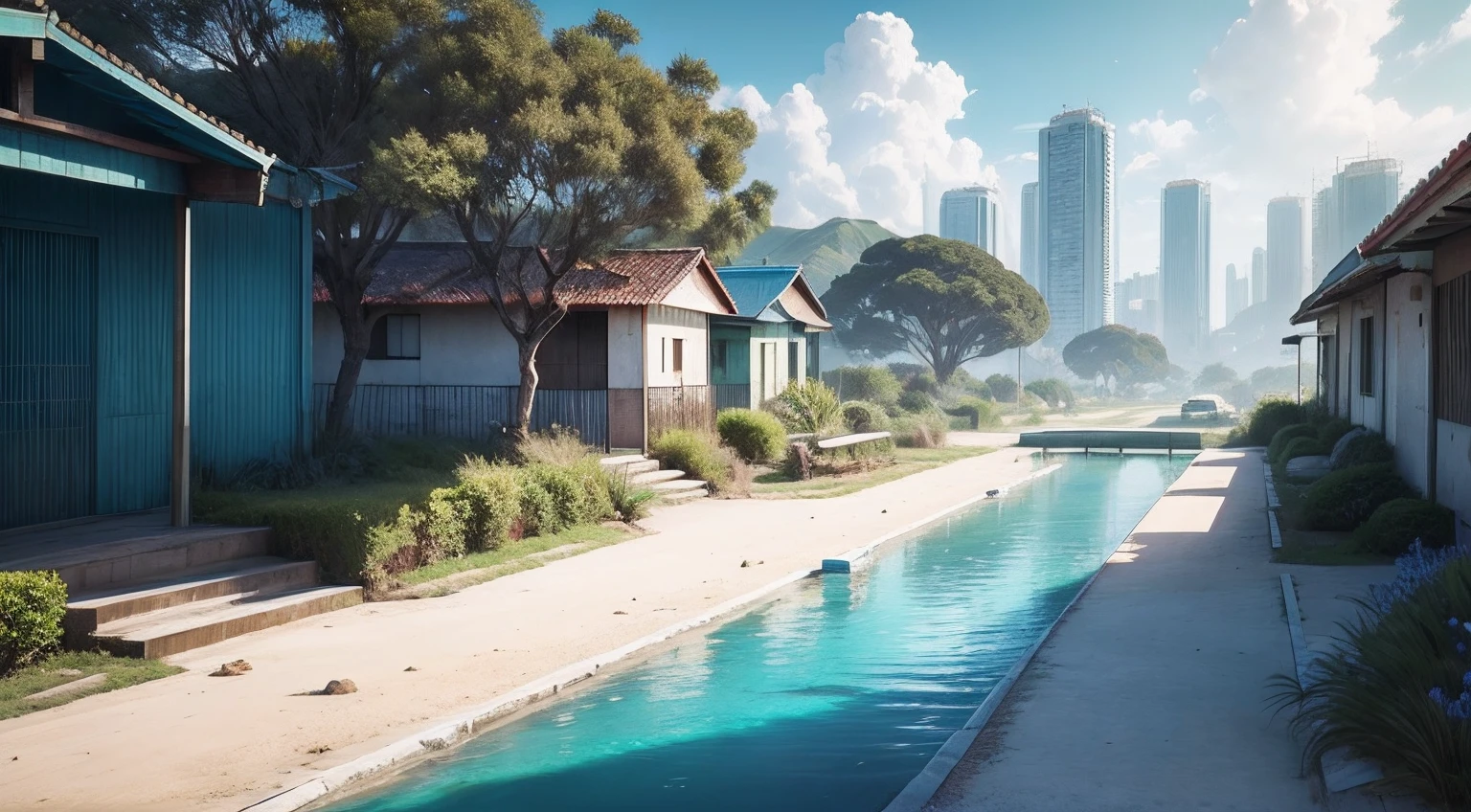 Profundidade de campo, paisagem expansiva, obra-prima, 8k, uma cidade, estilo anime, colorfull, cidade abandonada, azuis, azul intenso, azul oceano, cidade futurista, extremamente detalhada