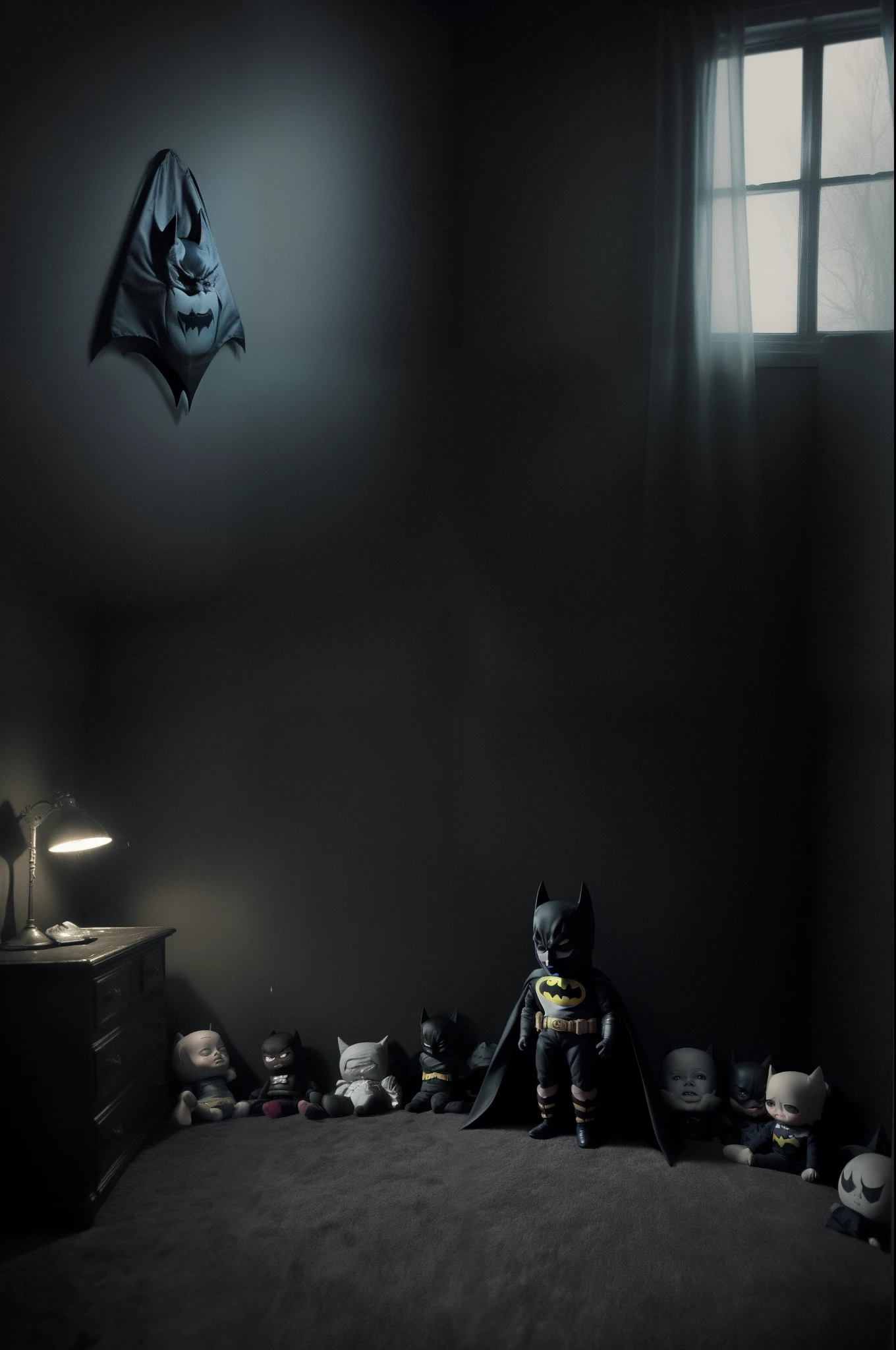 batman, s room、One scary doll、Nostalgic but unsettling photos、Images in a dream、uneasy、deep in the night、natta、、Grainy photo、Film Touch、color photograph、horor、terrifying、Wide angle scary atmosphere、wide angles、wide-angle lens、