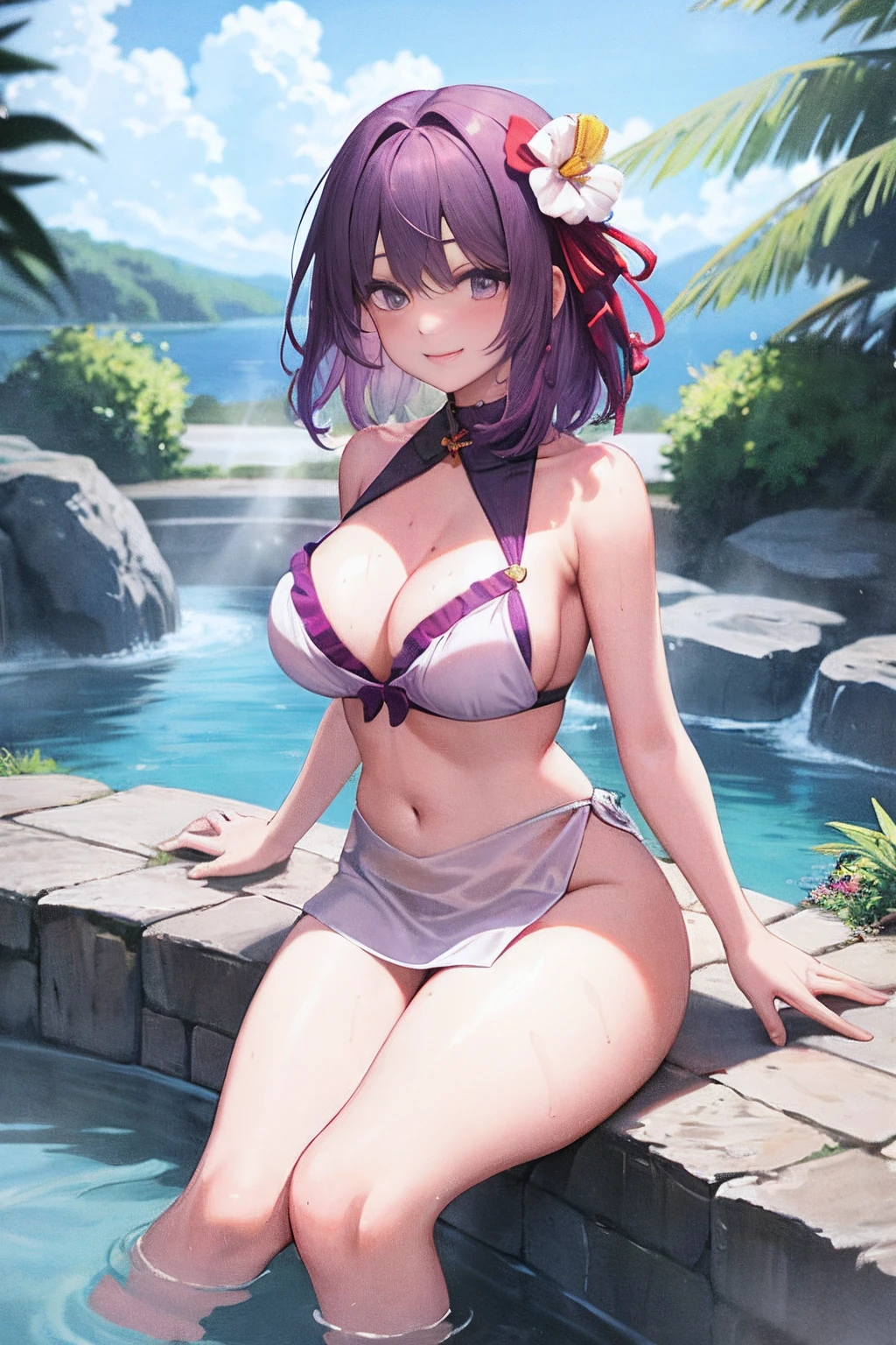 ​masterpiece、top-quality, 1girl in, Solo, Purple medium hair, Hieda's Me,I'm Hiedano , Hot Spring Background,red blush、Colossal tits、fullnude、Smiling、the whole body is wet