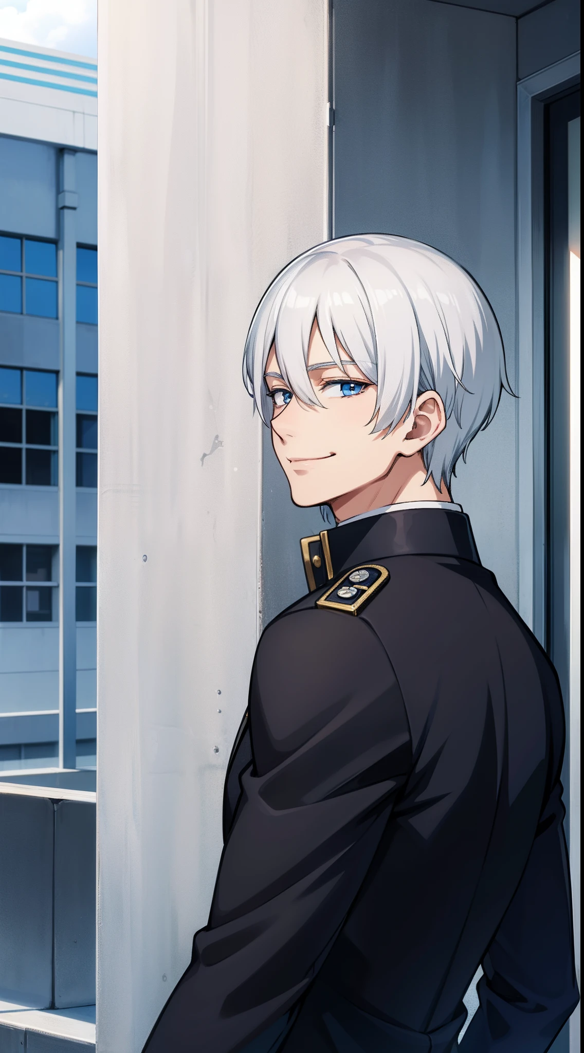 White silver hair, blue eyes, detailed, male, smile, school, gakuran