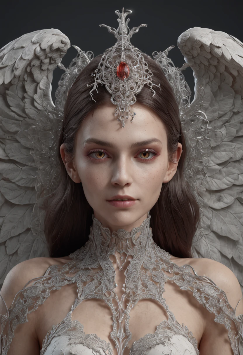 Complex 3D rendering of the beautiful angel of death in super detail, biomechanical cyborg, Analog 150 mm lens, beautiful natural soft rim light, Neon veins, roots, Fine-leaf lace, Colorful details, Boris Bijan Saberi costume, Pearl earrings, Piercing, Art Nouveau fashion embroidery, Intricate details, Mesh, Mandelbrot fractal, face muscles, cable wires, micro Chip, badass, Ultra photo realsisim, Ultra detailed, rendering by octane, voluminetric lighting, 8K post-production, of red and white colors，With a hint of black, Detail metal bones, Half-human, Iridescent colors, Glenn Brown style, Futuristic room, The power of God, high-angle shot, Complex body posture