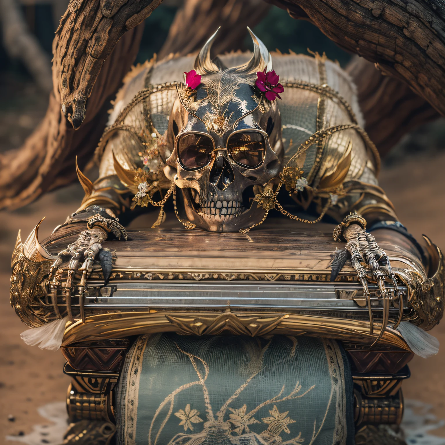 Crocodile pond，32K（tmasterpiece，k hd，hyper HD，32K）Burgundy double ponytail，flower stick，Indigo Skull King ，Hold the heavy wooden steering wheel （The skeleton is realistic：1.4），Crocodile pattern robe，Rusty skull ornaments，Sargin linen cloak，Petals flutter，Deep gold sunglasses，Hold your head high，Be proud，The nostrils look at people，A primary and secondary school student， A high resolution，Xueba， the detail， RAW photogr， Sharp Re， Nikon D850 Film Stock Photo by Jefferies Lee 4 Kodak Portra 400 Camera F1.6 shots, Rich colors, ultra-realistic vivid textures, Dramatic lighting, Unreal Engine Art Station Trend, cinestir 800，Hold your head high，Lateral face，Be proud，The nostrils look at people，Tsundere，Petals flutter，Petals flutter，Crocodiles sprinkled with gold dust，Fluttering，Impeccable，( reasonable design, Clear lines, High sharpness,Best quality, Very detailed skeleton, The skeleton of a masterpiece, offcial art, movie light effect, 8K crocodile skeleton（（（Platinum marble sunglasses）））Deep gold sunglasses，side portrait