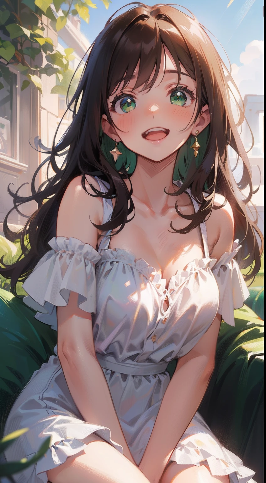masterpiece), best quality, beautiful detailed hair detailed face, ultra high res, sharp focus, ((1 woman, solo)), perfect feminine face, upper body, close up, profile picture, in the open balcony, city view, (at the noon time:1.4), sitting on the couch, chesnut brown hair, ((beautiful shape eyes, green eyes)), long hair, smiles warmly, white simple dress, (bare shoulders:1.2), (warm pastel tone)