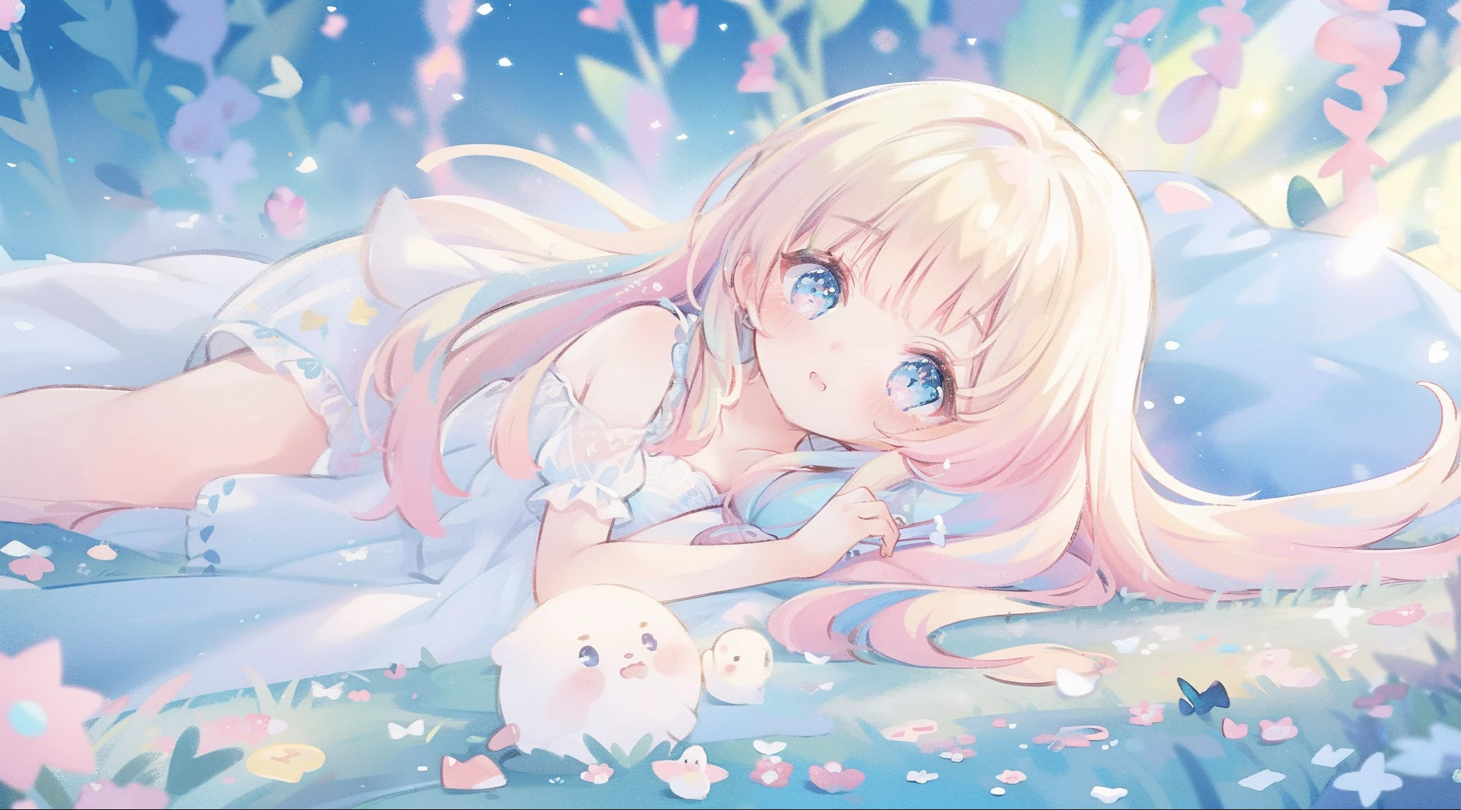 masterpiece, best quality, 8k resolution, sharp focus, intricate detail, beautiful girl, sparkling eyes, golden ratio face, otherworldly liquid, watercolor, pastel colors, bright colors, whimsical, colorful, sharp focus, high resolution, fine detail, fantasy ballgown, ((round eyes)), iridescent bubbles
