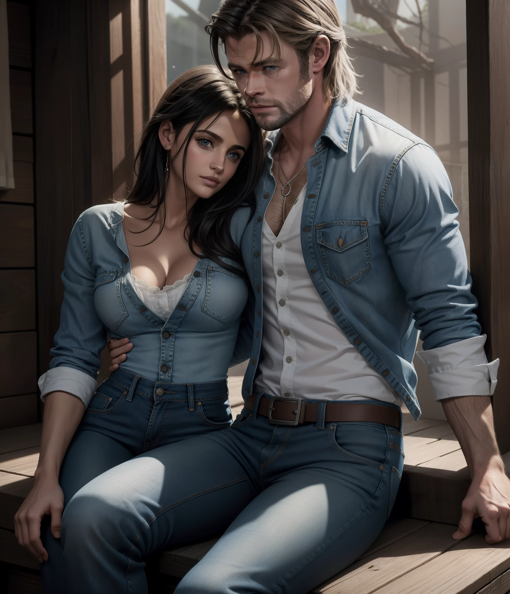 Chris Hemsworth, [[[alto]]], [[[loiro]]], [[[barba por fazer]]], com camisa de manga comprida branca, Denim Jeans Pants, Penelope Cruz,  com longos cabelos cacheados, olhos castanhos claros,  romantic scene. [[[olhar apaixonado]]], [[[rosto perfeito]]] [[[boca perfeita]]], [[[nariz perfeito]]], She is in a simple short peasant dress, Botas. [[[rosto perfeito]]], [[[barba por fazer]]], [[[casal apaixonado]]], [[[protetor]]], hiper-realista, Uplighting ( as edge lighting or twilight rays ), cor e textura.