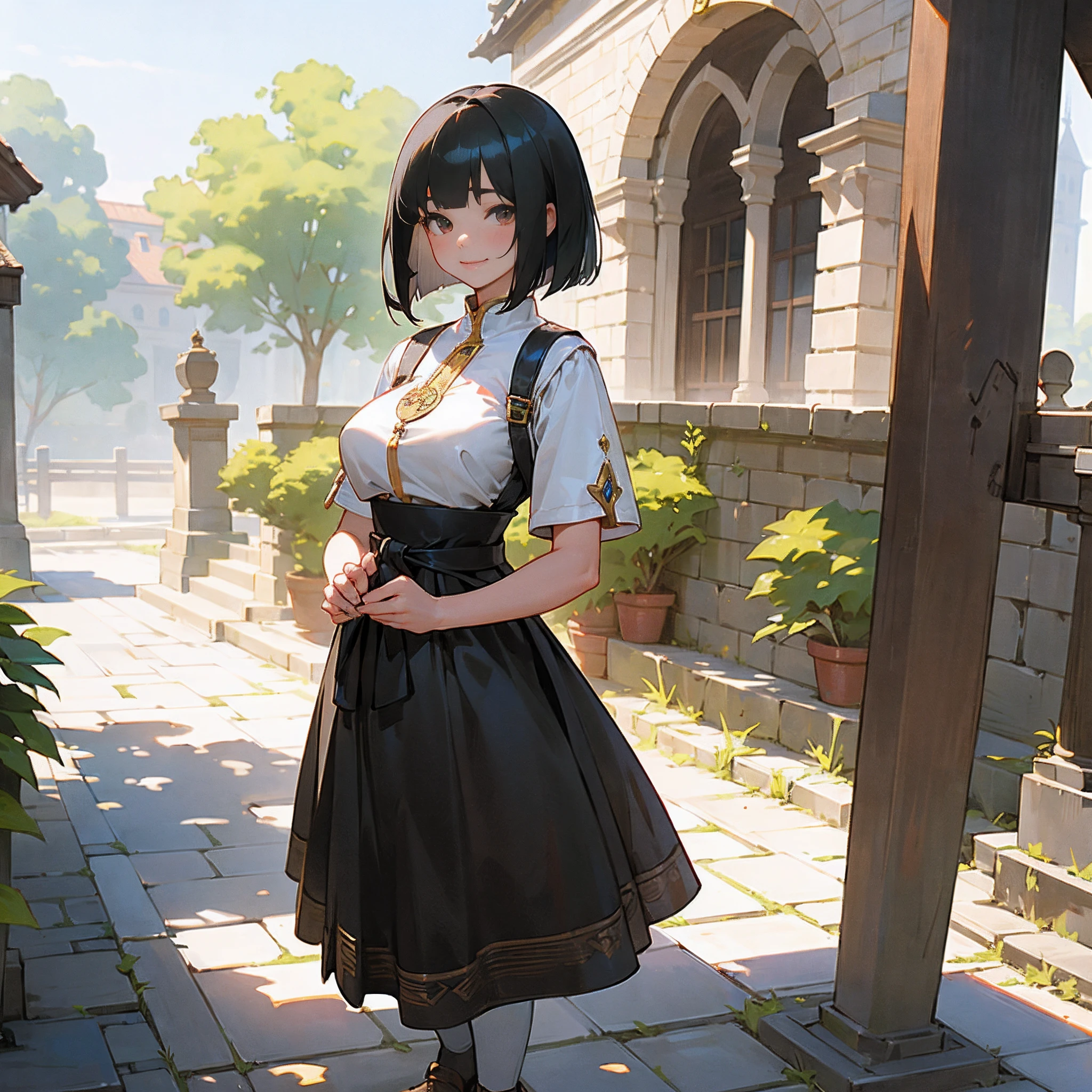 With the best image quality、 girl standing alone outdoors。In high resolution、Beautiful fine details、tranquil atmosphere。((Black Hair Bob Hair))、Cute smile。(((breasts are large)))、I don't have anything in my hands、realistic hand、Medieval European national costume with short sleeves、Medieval European Streets、Leather shoes。