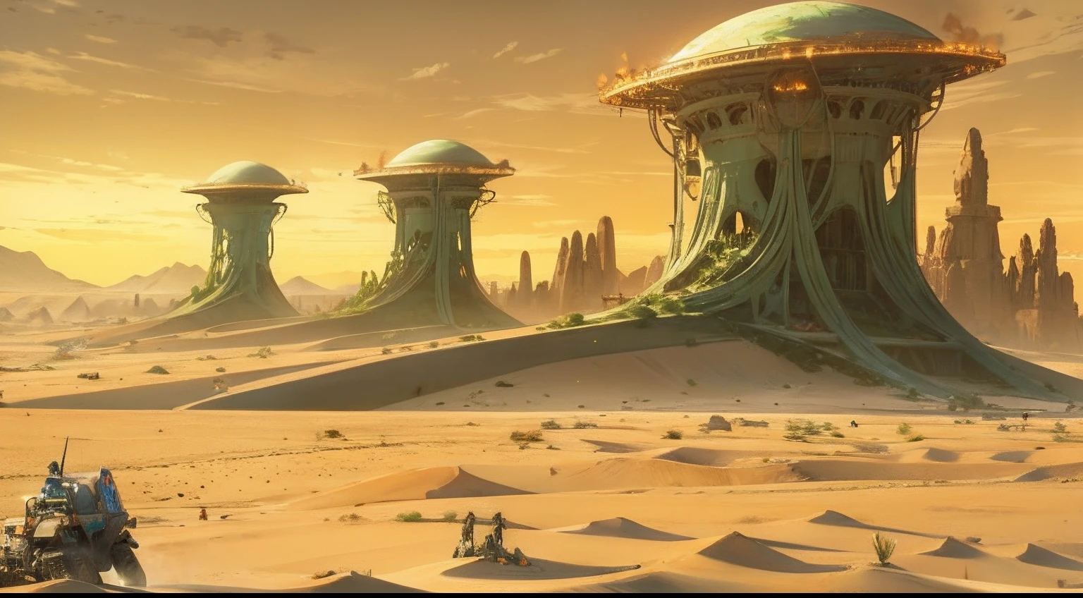 Naked alien vampires on desert dune planet with gigantic fortress and massive ancient alien structures thousands of ft wide and long gold and green