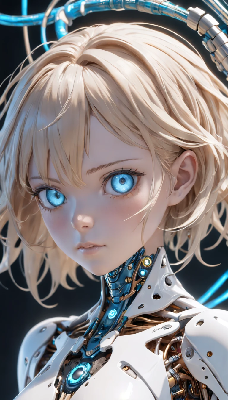 complex 3d render ultra detailed of a beautiful porcelain woman android face, cyborg, robotic parts, 150 mm, beautiful studio soft light, rim light, vibrant details, luxurious cyberpunk, lace, hyperrealistic, anatomical, electric wires, microchip, elegant, laboratory in the background, octane render, H.R Giger style, 8k,blue hair,inverted bob hairstyle,translucent plastic body,serene glowing eyes,green eyes, Miki Asai Macro photography,full body, hyper detailed, trending on artstation, sharp focus, studio photo, intricate details, highly detailed, by greg rutkowski