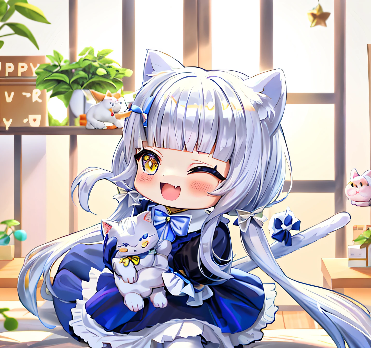 Anime characters with cat and rabbit in the room, cute anime catgirl, White Cat Girl, very beautiful cute catgirl, anime cat girl in a maid costume, beautiful anime catgirl, Pixiv style, , Blue Lolita dress, Blue double ponytail，White cat tail，Fishbone hair clips，White cat ears，Holding a white cat