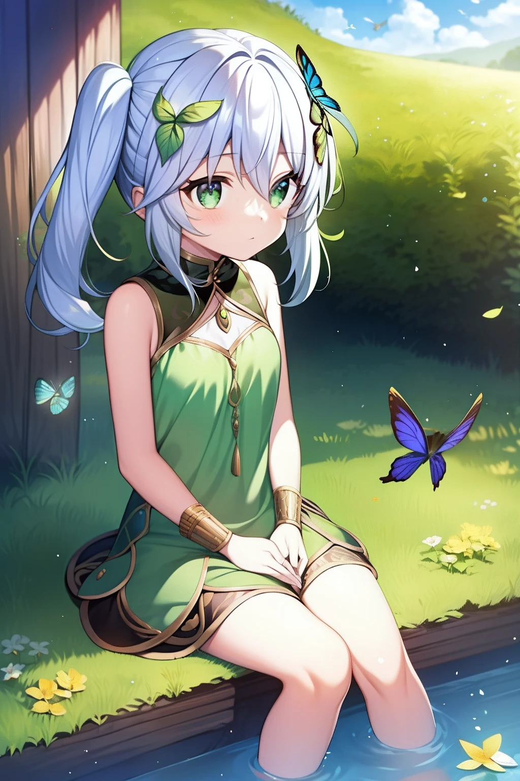 Nahida，grassy fields，sitting，butterflys