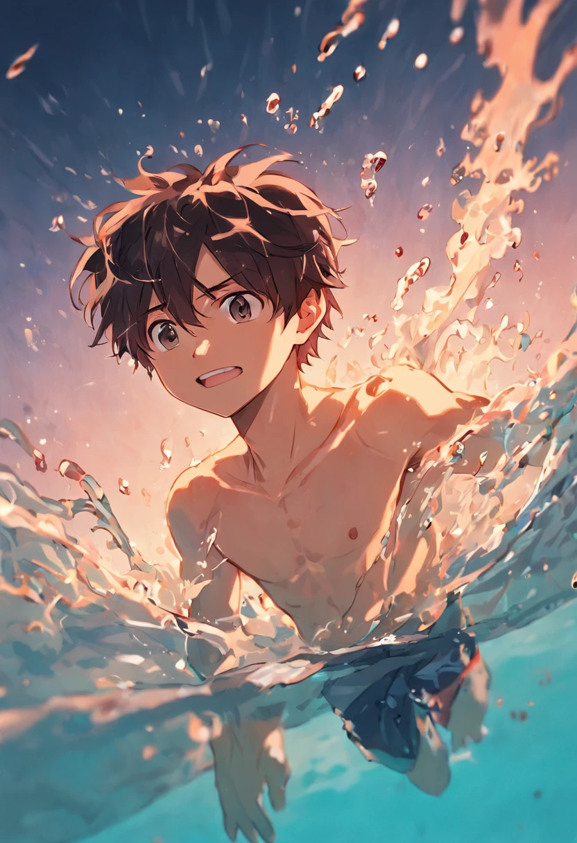 Boy teenager swimming in water,Shirtless,with fair skin,ssmile,Diving tools