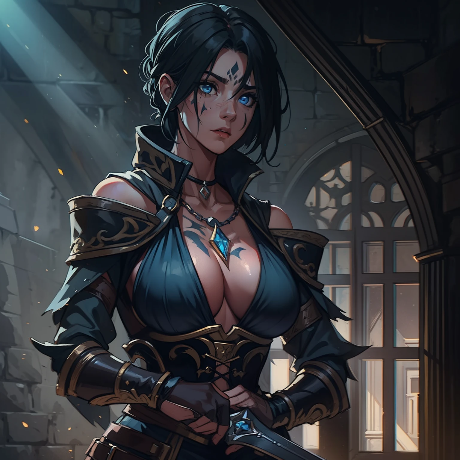 A portrait of a beautiful and sensual woman with cute neckline and breasts, a warrior with blue eyes and short, black hair with a tattoo on her face, she is wearing sexy combat costumes, plunging necklines for medieval fighting training, she is in a dark room with moonlight being the only source of light coming in through the window., A well-contrasted image drenched in mystery we can barely see her face through the darkness many well-marked shadows and a special focus on contour lights cinematic lights a dramatic lighting dramatic pose of profile an environment full of magic shadows and mysteries in a medieval art RPG art a detailed and approximate art a medieval RPG art RPG art game art banner art she has a dark aura because she is evil as a villain dramatic art impactful art sexy's boobs