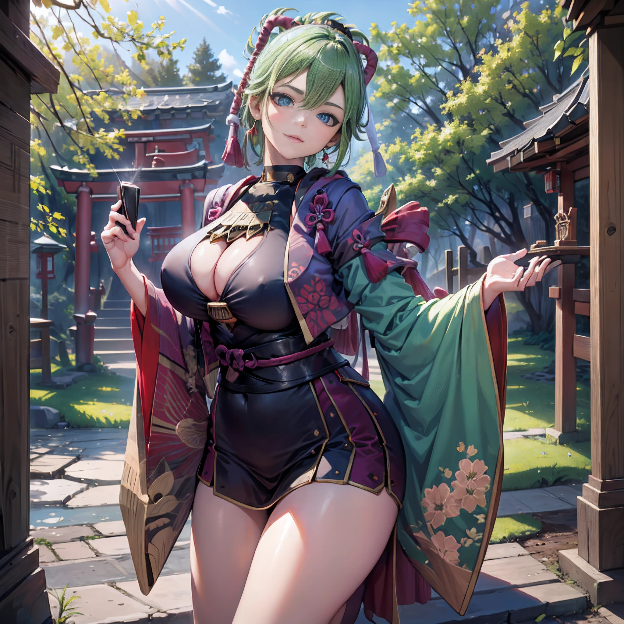 (NSTDA.:1.2), (10, beste-Qualit, master-piece: 1.4), ultra-high resolution, (lifelike, photorealistic portrait: 1.48), 30 years old, A Beautiful Girl, Tall, gigantic breasts, Famous Japanese actors, Blue Eyes, Head tilt, cowboy shot, from the front, looking at the audience, Sliced thinly., Beautiful lake, Zeiss 150mm F/ 2.8 Hasselblad, In Japanese shrines, Whole body, foot, Ultra-Wide Angle