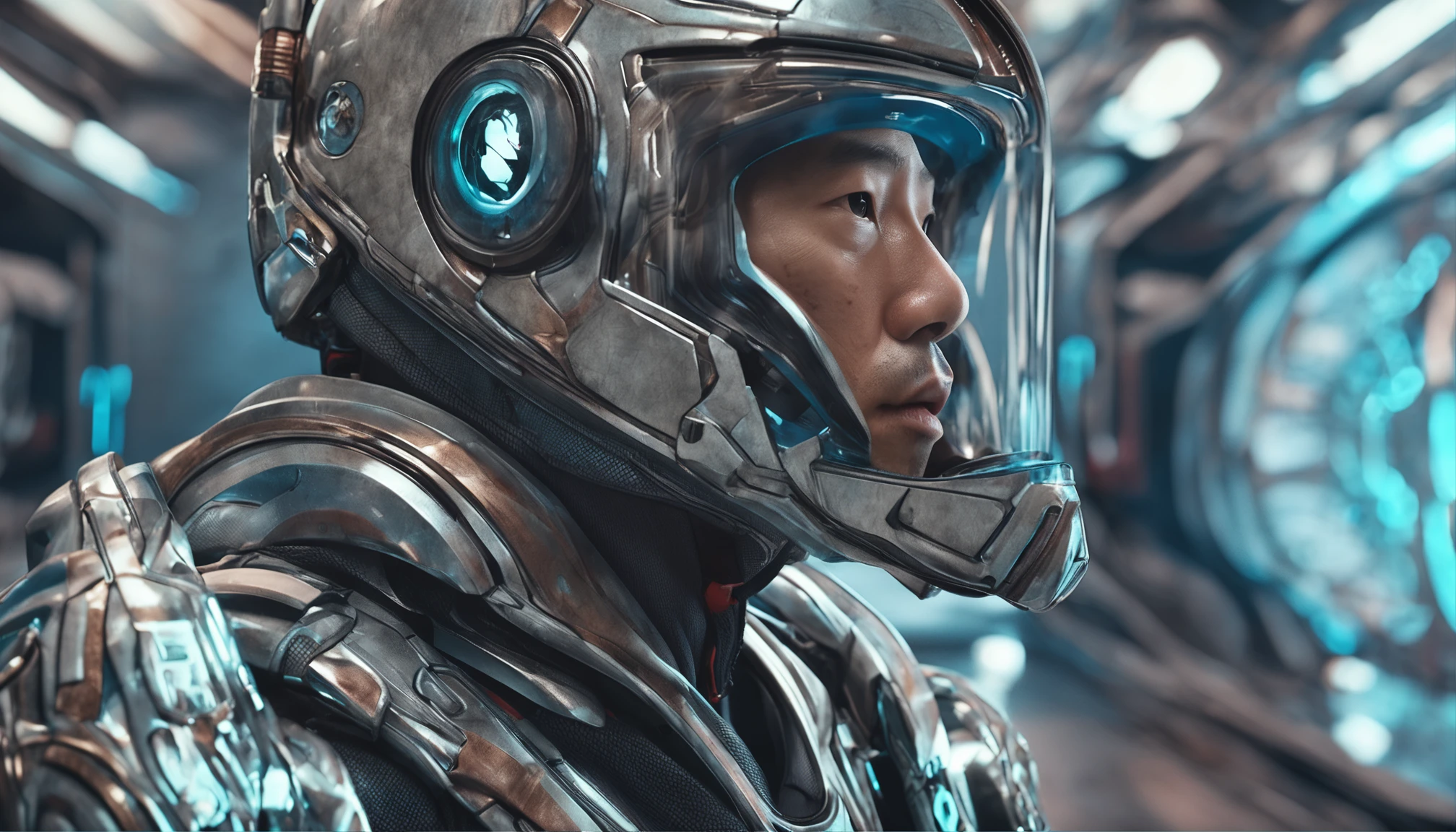 A masterpiece of detail and dynamics, Highly detailed realistic man,asian man， Inside a lonely spaceship, ultra-realistic realism, Wear highly detailed Pop Art style clothing, Put on a very complex futuristic space helmet on board, Arm details, mano, The fingers are very clear, nase, The eye, cparted lips, haar, gradients, White text, Long hair, Simple minimum. f/4, 16:9, Ultra HD 5S, sport, neoprene, behance contest winner, near-perfect, 《unsplash》Portrait in , Stylized digital art, lisses, hyper HD, Simple minimum. f/4, 16:9, 5S Ultra HD, sport, behance contest winner, Getting closer and closer to perfection, 《unsplash》Portrait in , Stylized digital art, lisses, hyper HD, 12K, Motor Unreal 5, super sharp focus, An intricate masterpiece of art, Ominous, highly  detailed, vibration