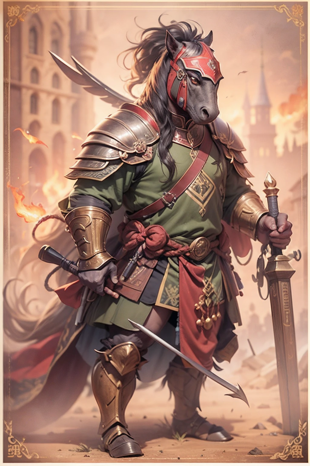 (anthropomorphic turtle),(Horse-headed warriors:1.4),coda,a tall body,Stout limbs,disdain,ran,tosen,The long hairs of the flame fluttered in the wind,combats,Dynamic lines,Dimly lit battlefield,Ruined castle,(stereoscopic perspective:1.4),Works of masters,super-fine,4K分辨率,high qulity,电影灯光,High picture detail,Detailed pubic hair,Epic shooting,Clearly focused hair,Detailed hair depiction,acurate