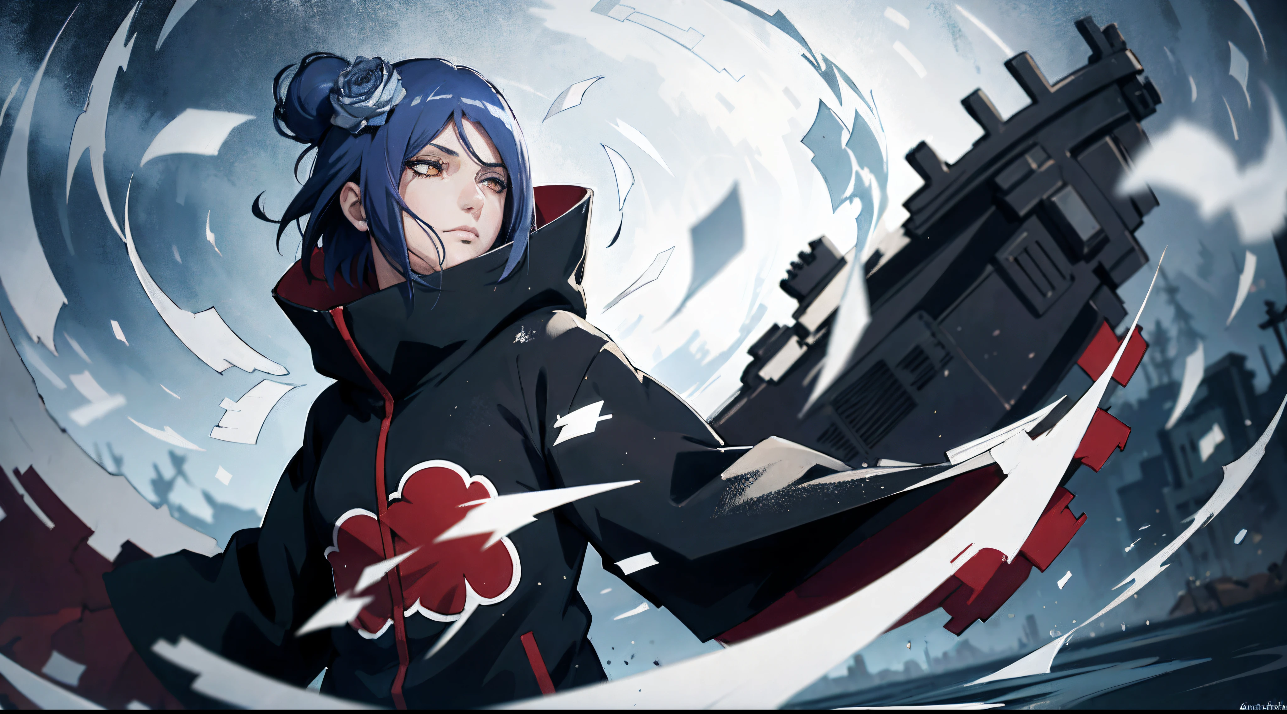 absurdres, (best quality), (masterpiece),(ultra-detailed:1.2),(photorealistic:1.1),(highres),
1girl,
konan \(naruto\), (akatsuki outfit:1.1), labret piercing, (paper:1.2),
ripples,swirling ,