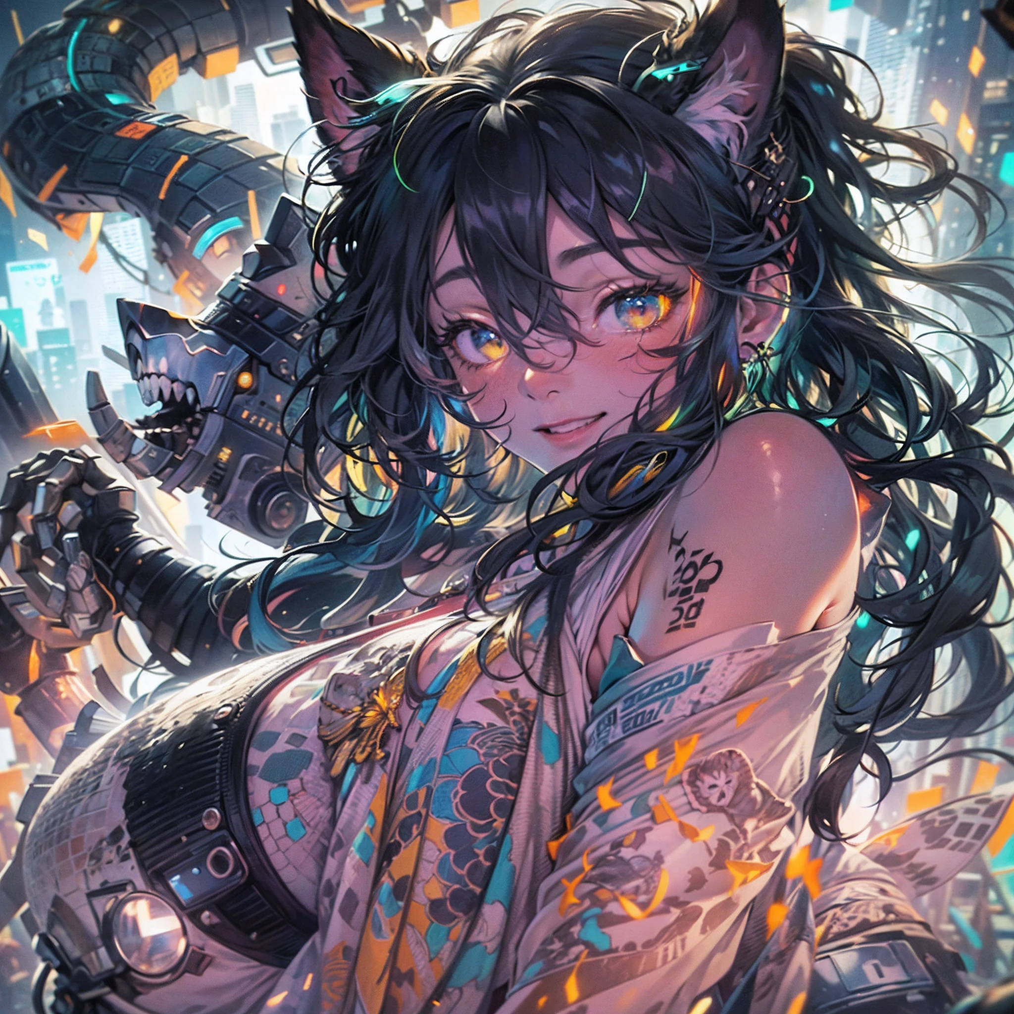 (top-quality), (masterpiece), (hight resolution), (tmasterpiece)、 cinematric light, Cinema Shadow, Sharp Image, Extremely detailed, Volumetric,(cute kittens)、1womanl、(katanas)、(Sweating from the body)、(A lot of tattoos on the body)、(very long hair of black wavy color,、(30-years old)、Large breasts, Huge breasts, huge-breasted, Enlarged breasts, long drooping milk、smil、(Button-up kimono:0.7)、(Turbulent colorful light) , particles effect, beautiful effects, Vivid colors, neons, Neon light, colorful light, clear and beautiful, Mysterious, beautifly、(Full body photo)、