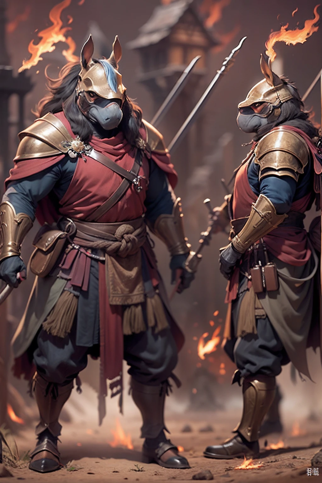 (anthropomorphic turtle),(Horse-headed warriors:1.4),coda,a tall body,Stout limbs,disdain,ran,tosen,The long hairs of the flame fluttered in the wind,combats,Dynamic lines,Dimly lit battlefield,Ruined castle,(stereoscopic perspective:1.4),Works of masters,super-fine,4K分辨率,high qulity,电影灯光,High picture detail,Detailed pubic hair,Epic shooting,Clearly focused hair,Detailed hair depiction,acurate