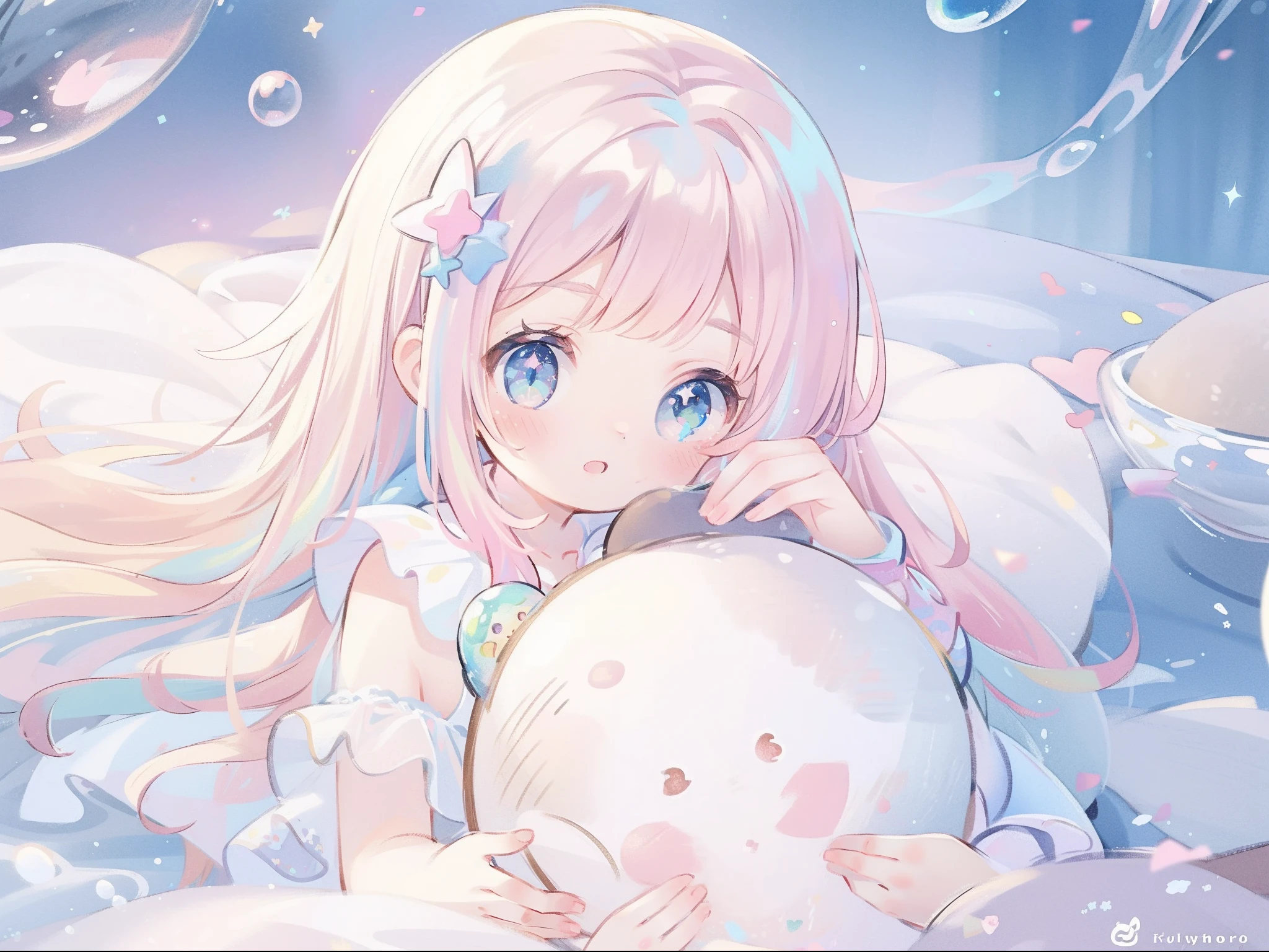 masterpiece, best quality, 8k resolution, sharp focus, intricate detail, beautiful girl, sparkling eyes, golden ratio face, otherworldly liquid, watercolor, ((pastel colors)), bright colors, whimsical, colorful, sharp focus, high resolution, fine detail, ((layered ballgown)), iridescent bubbles