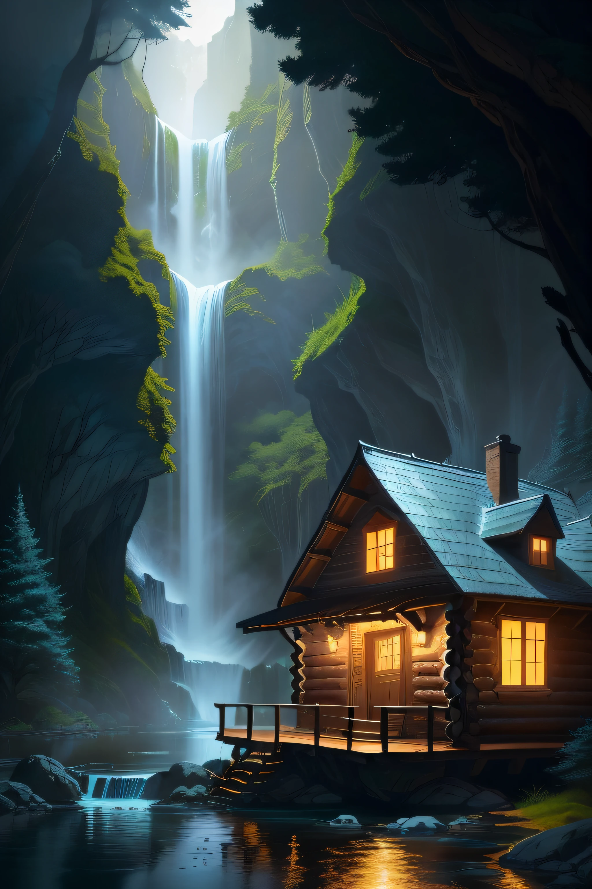 Photo of the waterfall taken from a cabin in the woods, amazing wallpapers, inspired by Andreas Rocha, Beautiful wallpaper, 4K detailed digital art, 4 k hd wallpaper illustration, andreas rocha style, 4k highly detailed digital art, author:Franz Hergi, Beautiful digital artwork, 4 k hd illustrative wallpaper, High quality wallpaper, arte de fundo