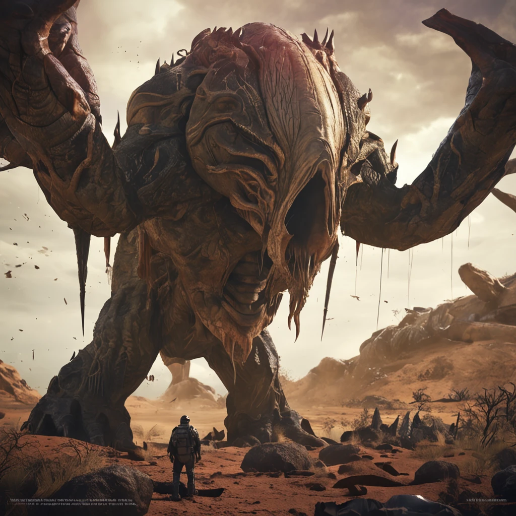 Giant creatures(divino)It is a giant creature that lives underground,Alien natives against alien invasion armies,Also known as the god of the earth by the locals, He rushed out of the ground to join the battlefield,The size of the giant creature avatar,The state of rushing out and the environment of the battlefield, The magnificence of the battlefield, There are a lot of people, Sacrifice and prayer, (Horizontal composition)Haze Low saturation