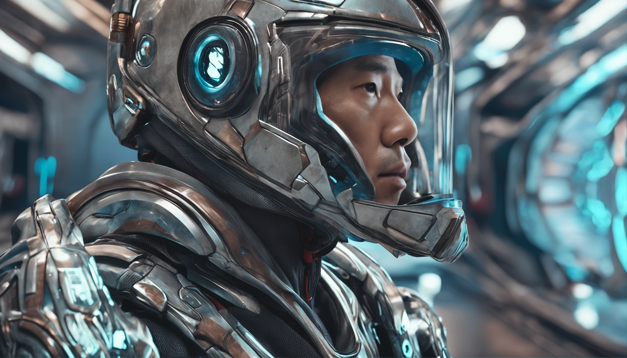 A masterpiece of detail and dynamics, Highly detailed realistic man,asian man， Inside a lonely spaceship, ultra-realistic realism, Wear highly detailed Pop Art style clothing, Put on a very complex futuristic space helmet on board, Arm details, mano, The fingers are very clear, nase, The eye, cparted lips, haar, gradients, White text, Long hair, Simple minimum. f/4, 16:9, Ultra HD 5S, sport, neoprene, behance contest winner, near-perfect, 《unsplash》Portrait in , Stylized digital art, lisses, hyper HD, Simple minimum. f/4, 16:9, 5S Ultra HD, sport, behance contest winner, Getting closer and closer to perfection, 《unsplash》Portrait in , Stylized digital art, lisses, hyper HD, 12K, Motor Unreal 5, super sharp focus, An intricate masterpiece of art, Ominous, highly  detailed, vibration