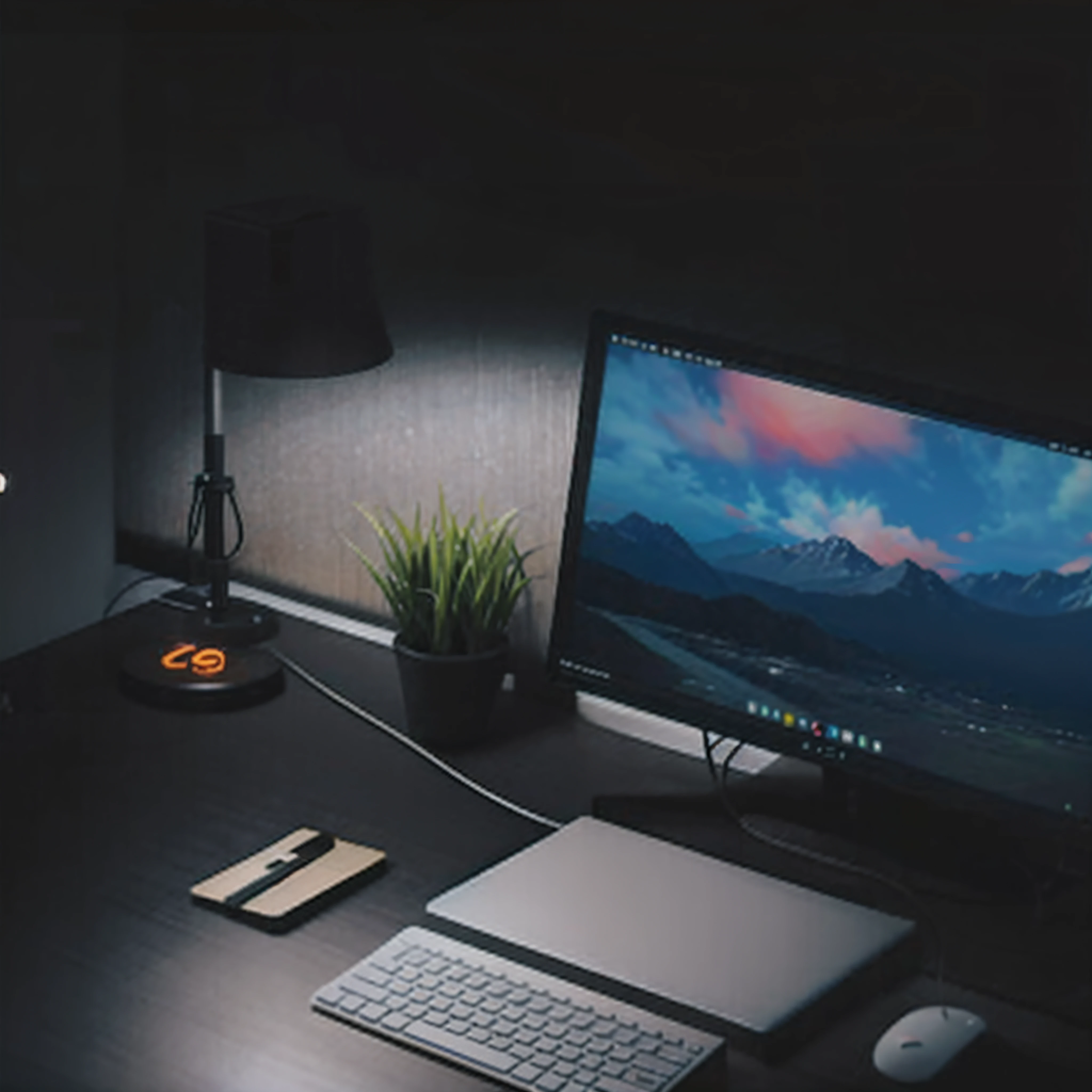 there is a computer monitor and keyboard on a desk, dark setup, modern desktop wallpaper, papel de parede do computador, Desktopografia, papel de parede para monitor, computer aesthetic, computer setup, sala com pouca luz, high quality desktop wallpaper, desktop wallpaper, ambiente aconchegante, cinematic wallpaper 4k, cinematic 4k wallpaper, fundo minimalista