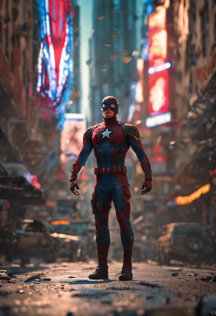 Full body photo of Captain America's spider man style , looking at the center camera, perfect composition, majo, detalhado, intrincado, Intricate octane render trend in Artstation, 8 k artistic photography, arte conceitual fotorrealista, soft natural volumetric cinematic perfect light, Chiaroscuro, fotografia premiada, master part, oil on the canvas, Raphael, Caravaggio, Greg Rutkowski, Bipe, Beksinski, Giger, trending on ArtStation, foco nítido, Studio photo, detalhes intrincados, altamente detalhado, fundo noturno da cidade, Directed by: Greg Rutkowski