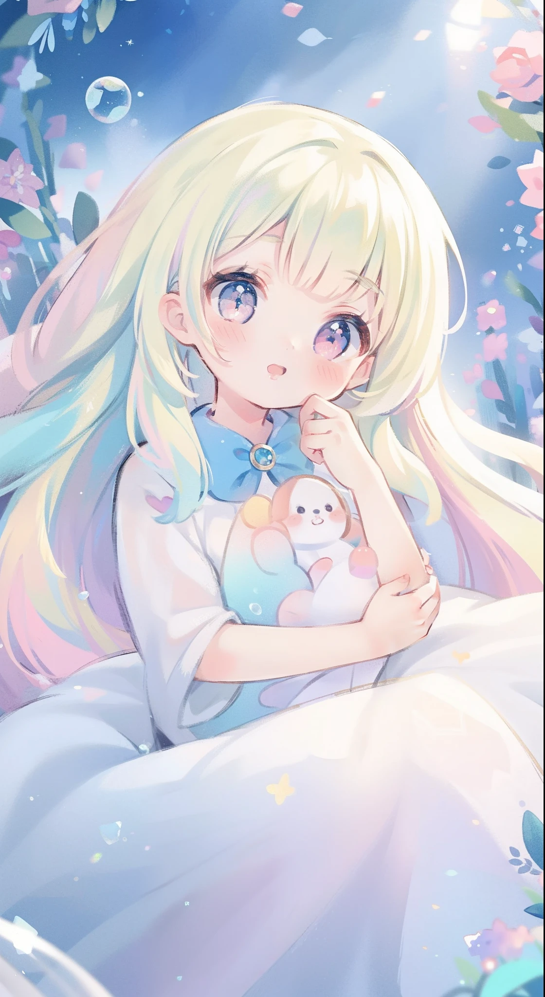 masterpiece, best quality, 8k resolution, sharp focus, intricate detail, beautiful girl, sparkling eyes, golden ratio face, otherworldly liquid, watercolor, pastel colors, bright colors, whimsical, colorful, sharp focus, high resolution, fine detail, fantasy ballgown, ((round eyes)), iridescent bubbles