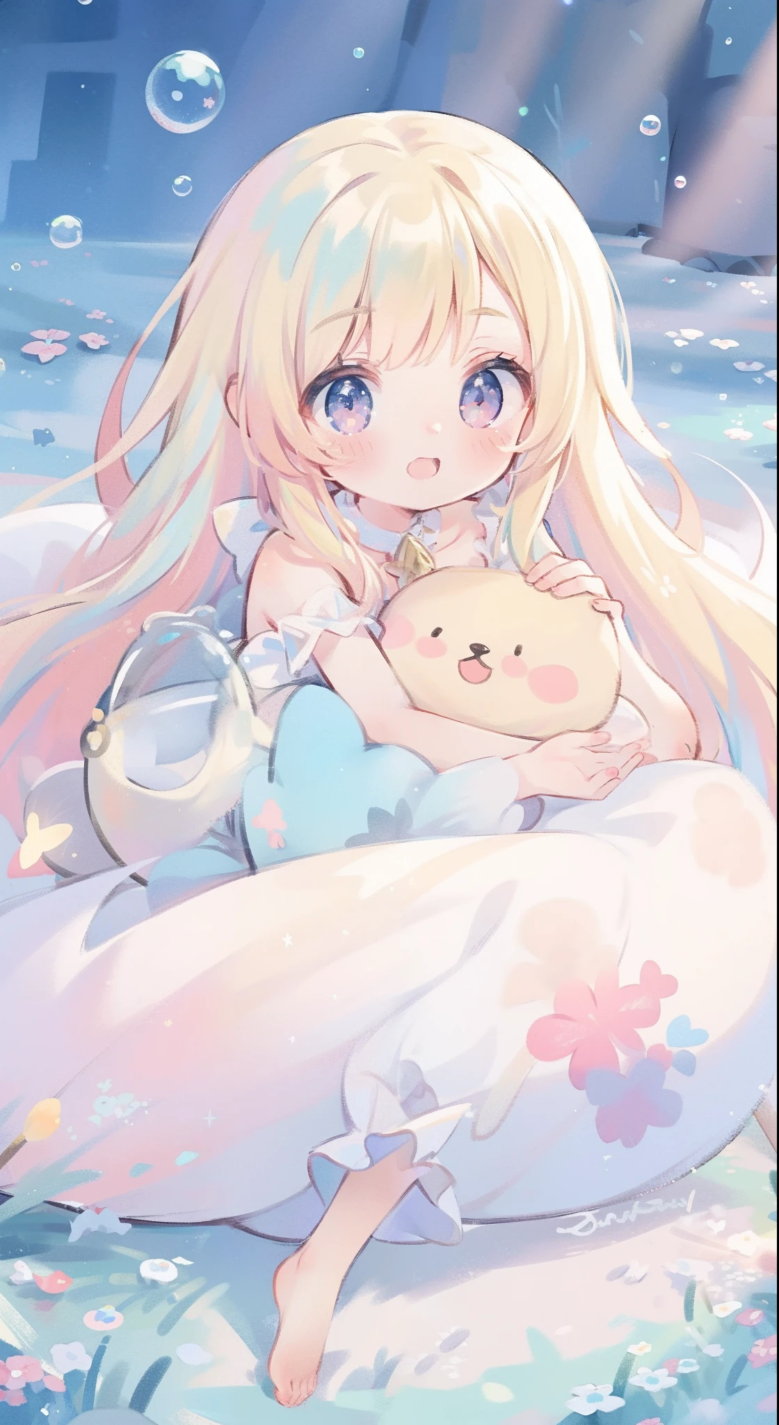 masterpiece, best quality, 8k resolution, sharp focus, intricate detail, beautiful girl, sparkling eyes, golden ratio face, otherworldly liquid, watercolor, pastel colors, bright colors, whimsical, colorful, sharp focus, high resolution, fine detail, fantasy ballgown, ((round eyes)), iridescent bubbles
