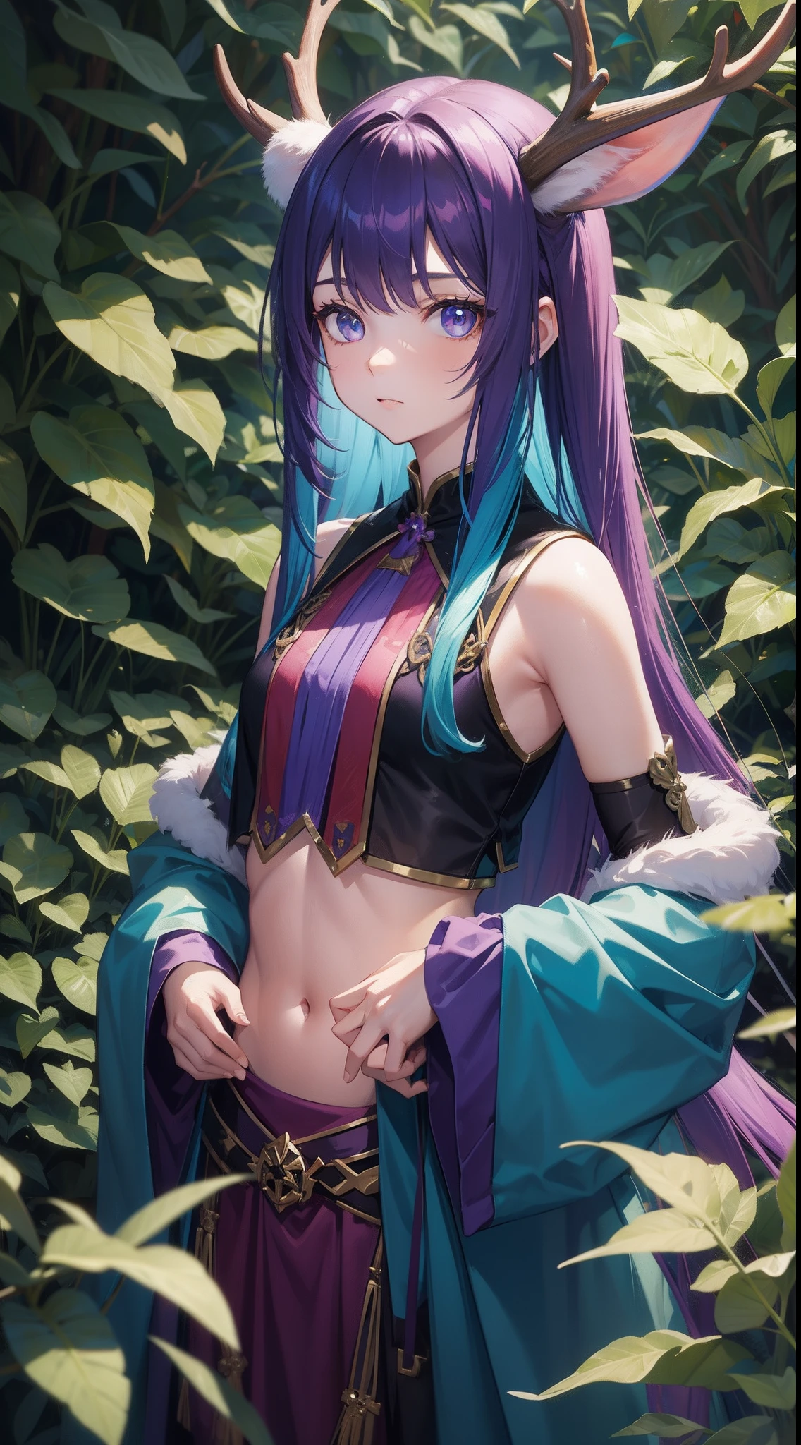 young girl, long purple hair, Cyan eyes, deer antlers, confusion, Clothes made of leaves, Sleeveless, open belly, Masterpiece, hiquality