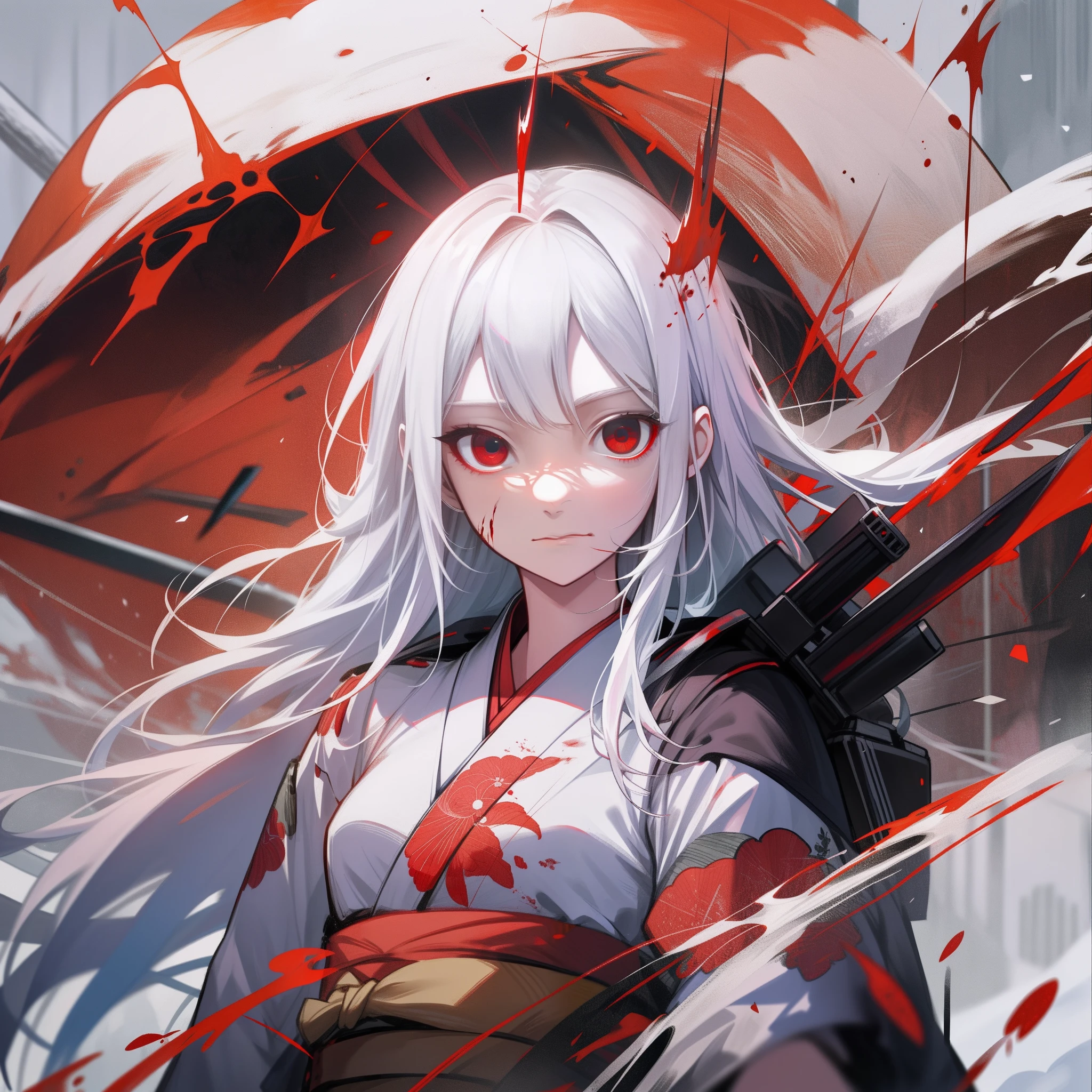 Pure white hair,teens girl,Blood red eyes, White eyes,The arms are covered with red eyes,Hold the hilt,There are a lot of knives on the knives,The left sleeve was torn,Japan kimono,The background is in the middle of the wind and snow,Battle screen,4K,Dingdall effect,Light intensification,Poster style,A high resolution