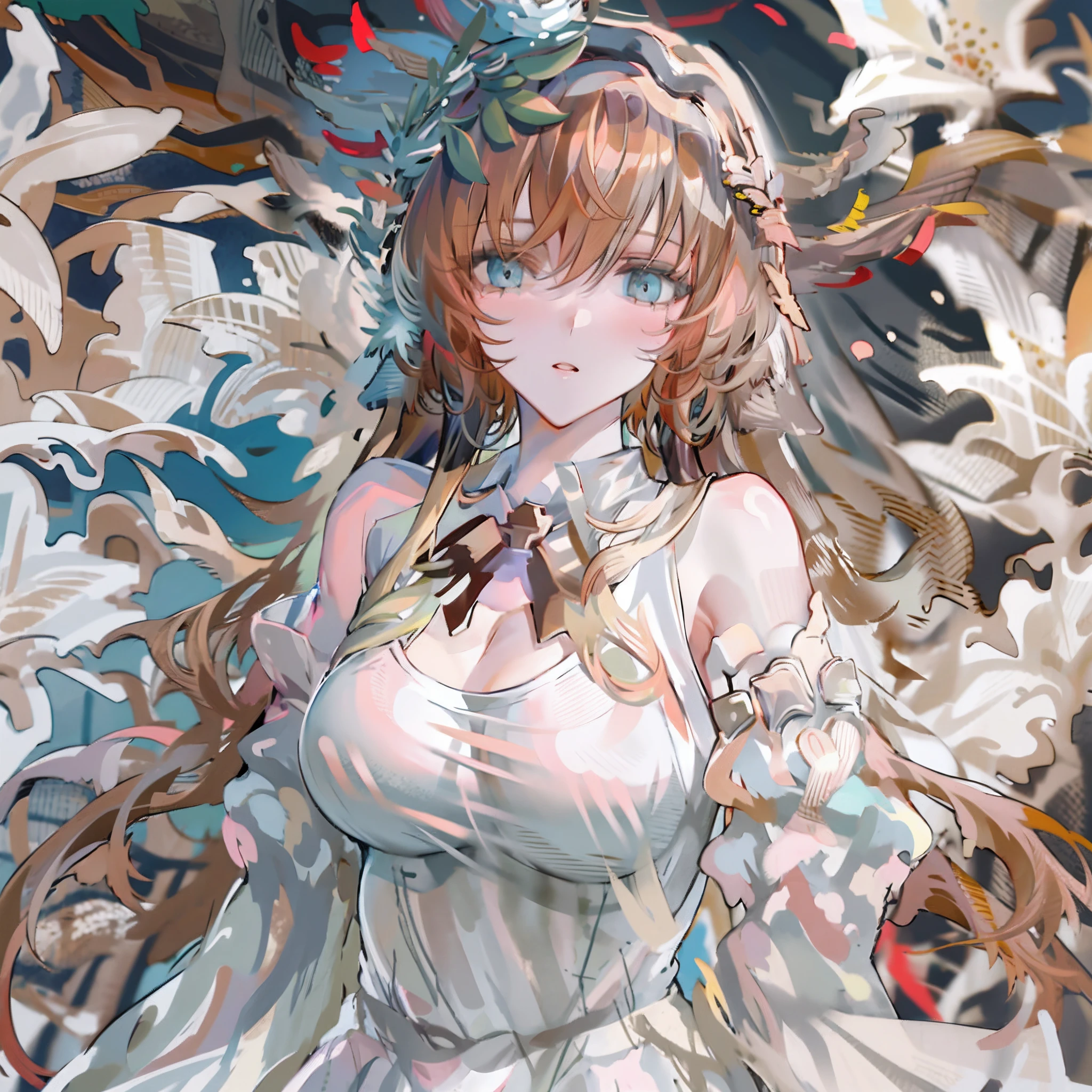 anime big breast，Best quality at best，highly  detailed，tmasterpiece，ultra - detailed，独奏，（1girll），（Elaborate Eyes），（white backgrounid：1.3），Lily_\（florals\），saber_Lily，Brownish-red hair_Hair，ahoge，Blue_Eyes，White_mitts，lacepantyhose，Hair_bow , white dresses, wariza