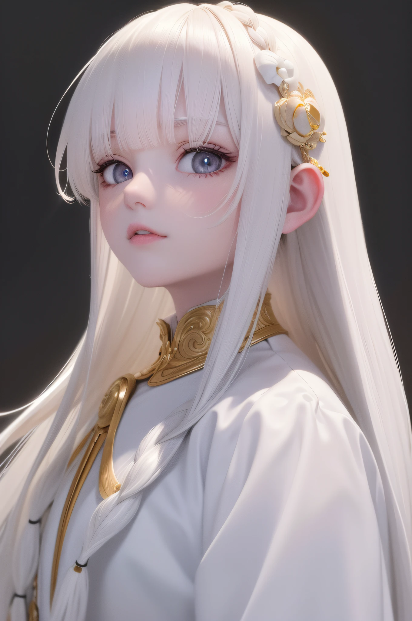best quality, masterpiece,white hair, gold eyes,white clothes, looking up, upper body,hair strand,Fair skin,side braids