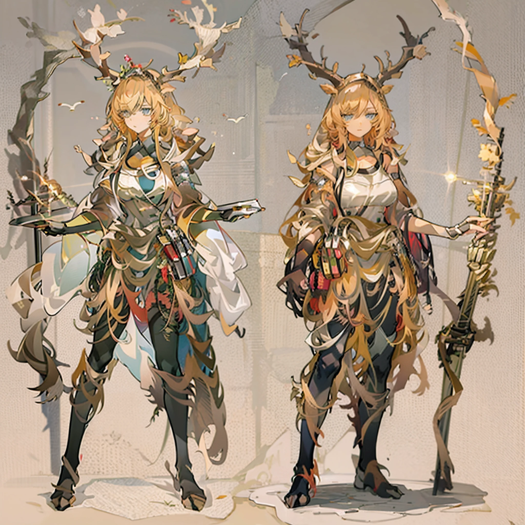 anime - style image of a woman with a sword and armor, From the night of the ark, in monster hunter armor, arknight, a warm color palette,golden hair,anthropomorphic deer female, a very beautiful berserker woman, ( ( concept art of character ) ), a female druid, official character art, female forest archer, anthropomorphic female deer, forest hunter lady, a druid, eBlue eyes,forest backgrou,Stand in the forest