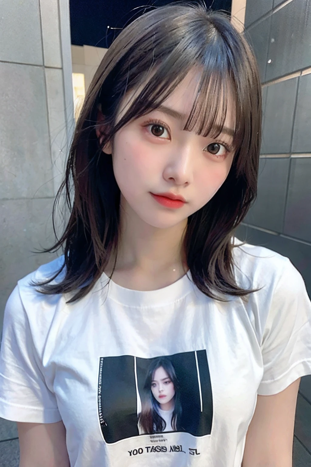 High Quality, High Resolution, (Photorealistic: 1.4), 1 Girl, (Black Hair: 1), (Small Breasts: 1.6), Close-up, Inside the Room, White Short Sleeved Shirt, (T-Shirt: 1.3)