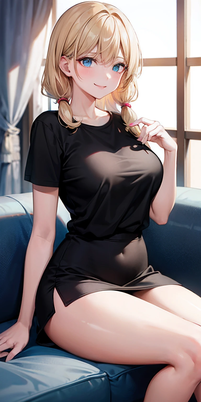 top-quality、超A high resolution、女の子 1 人、Black T-Shirt E Cup、Hair blonde、a miniskirt、sit on sofa、Sexy face smile、thicken thighs、Big butt、Chest sheer