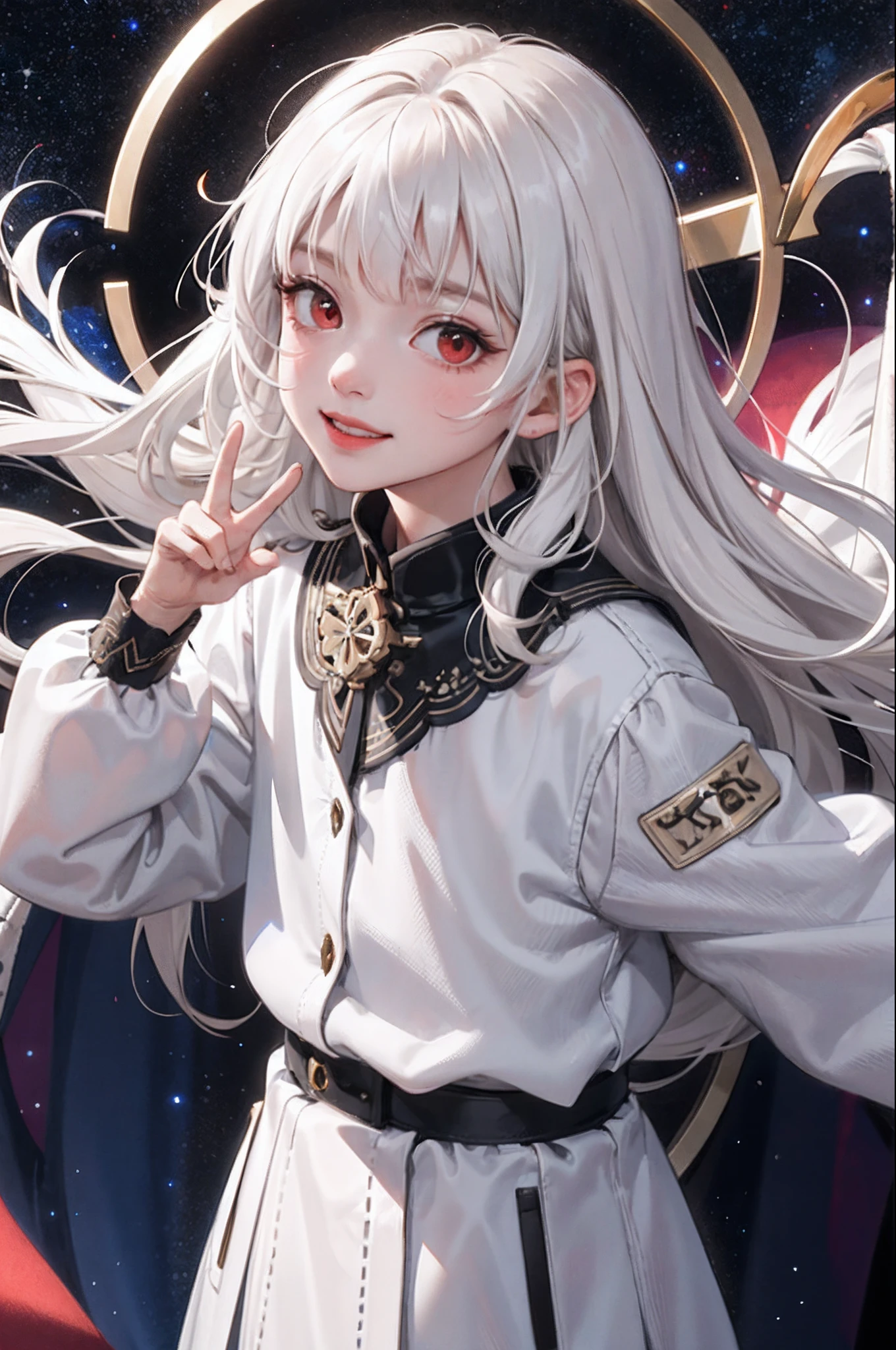 (masterpiece:1.2, best quality), (real picture, intricate details), 1kid, child, small girl, child girl, solo, upper body, space, long hair, minimal makeup, natural fabrics, close-up face, smile, stars, universe, long messy white hair, messy long hair, white hair, bangs, Korean bangs, bangs on forehead, red eyes, fancy clothing, fancy oversized clothing, long sleeves, clothing galaxy themed, galaxy imprinted oversized, child, ???, small, tiny, 6 years old.